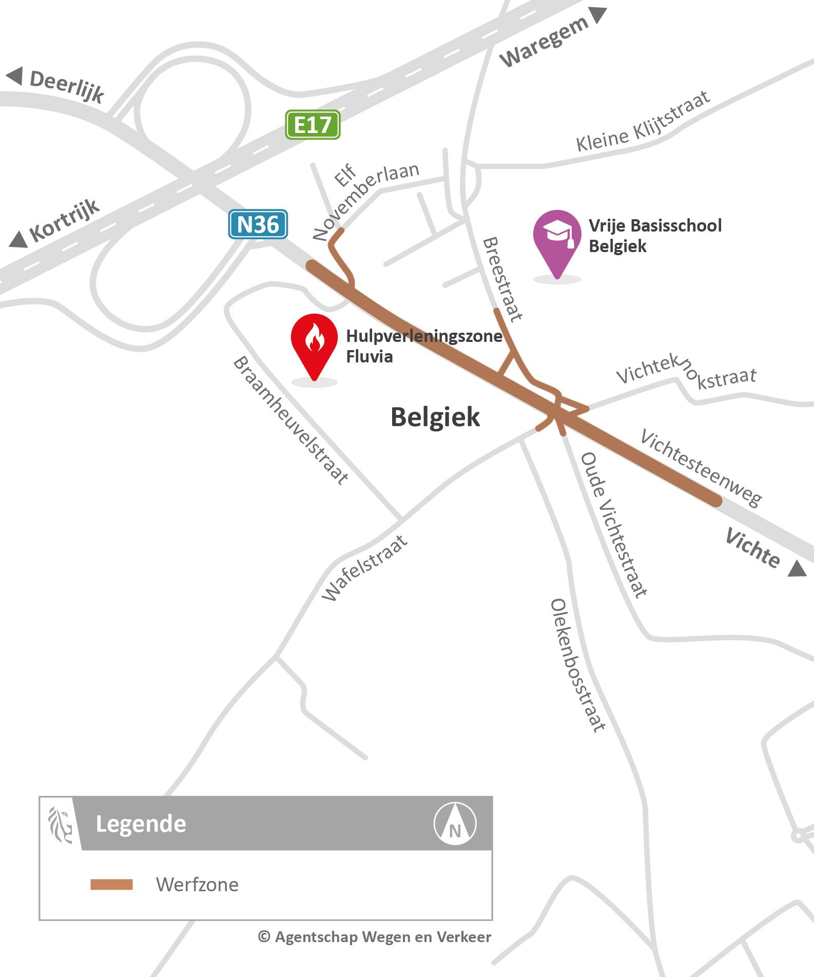 Situering van de werfzone op Vichtesteenweg (N36) en kruispunt Belgiek