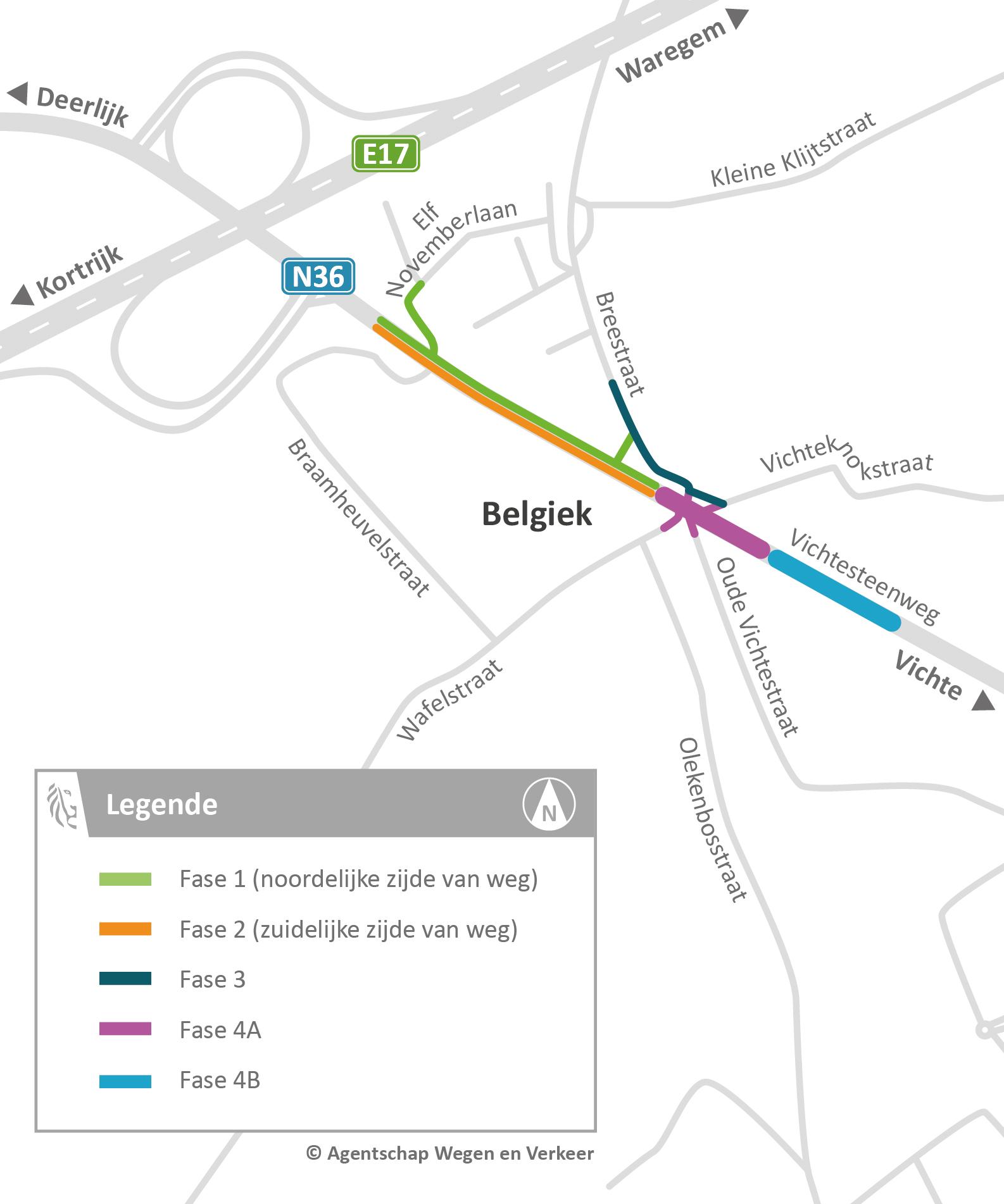 Faseringskaart van werken op Vichtesteenweg (N36) en kruispunt Belgiek