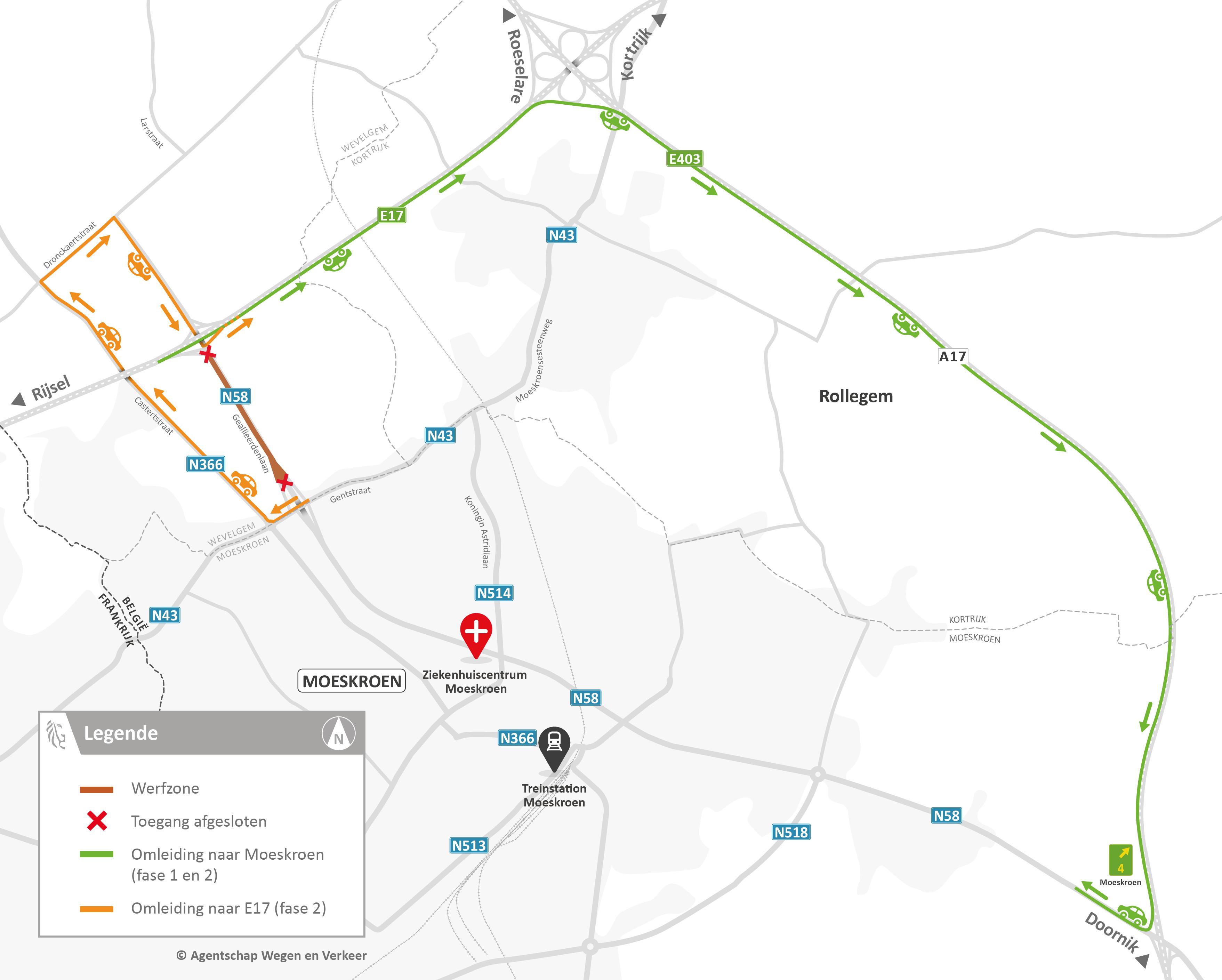 Omleidingen tijdens werken op N58 in Menen
