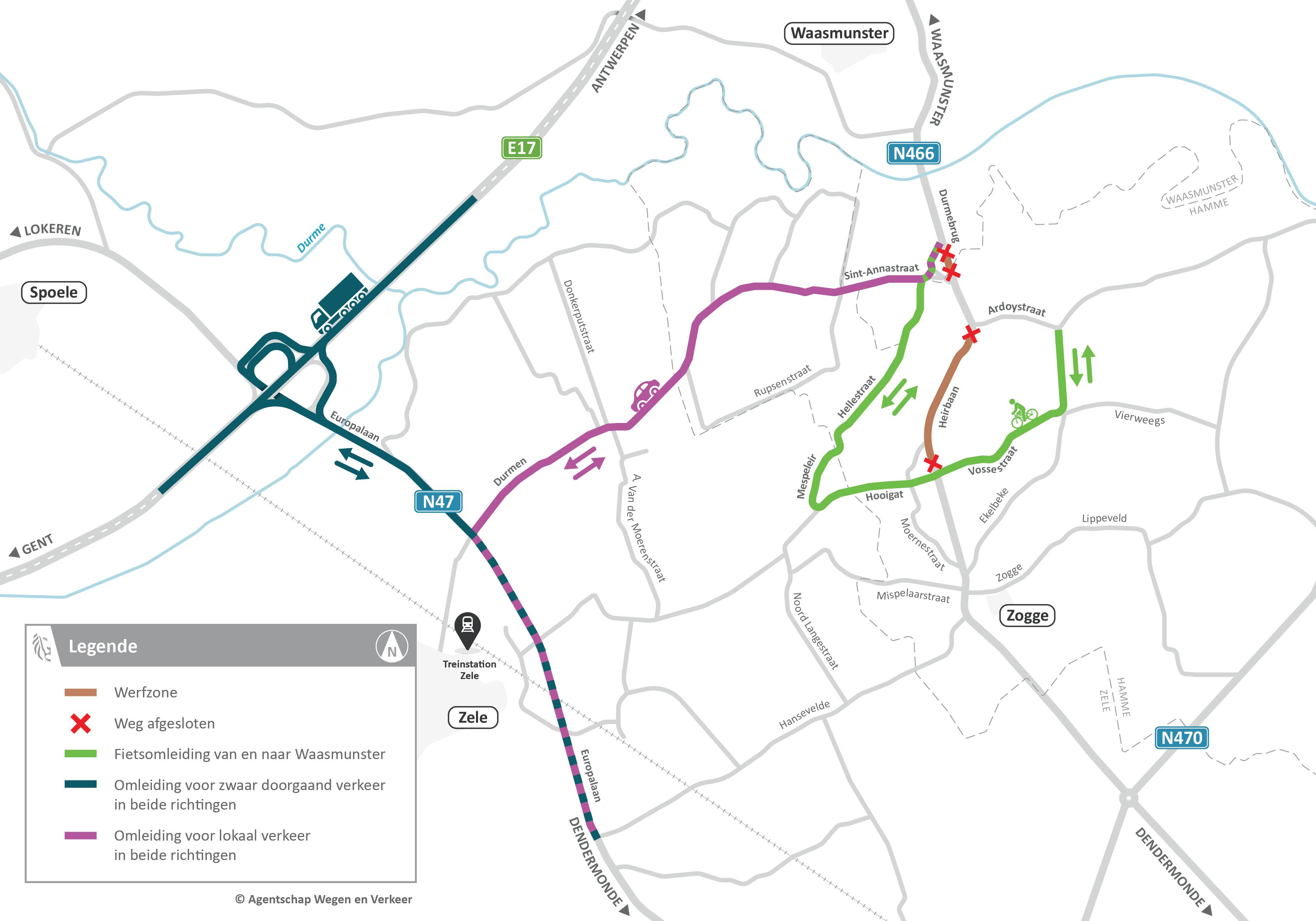 Omleidingskaart N446 Waasmunster - verkeerssituatie vanaf oktober 2023