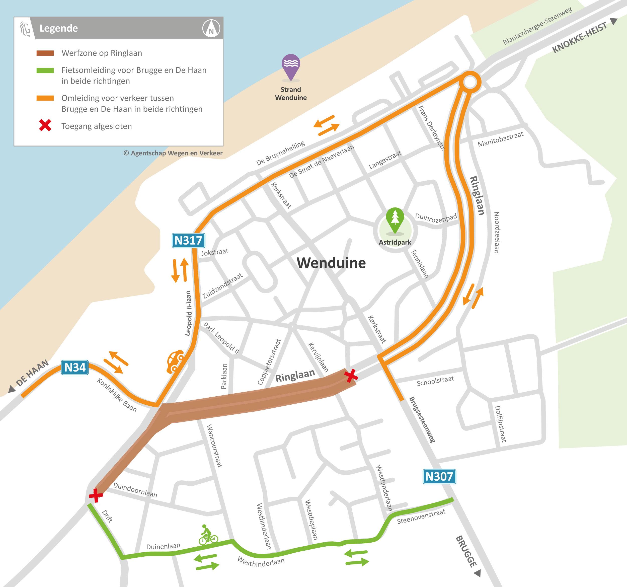 Deze kaart toont welke omleidingen fietsers en het gemotoriseerd verkeer volgen vanaf 8 januari 2024.