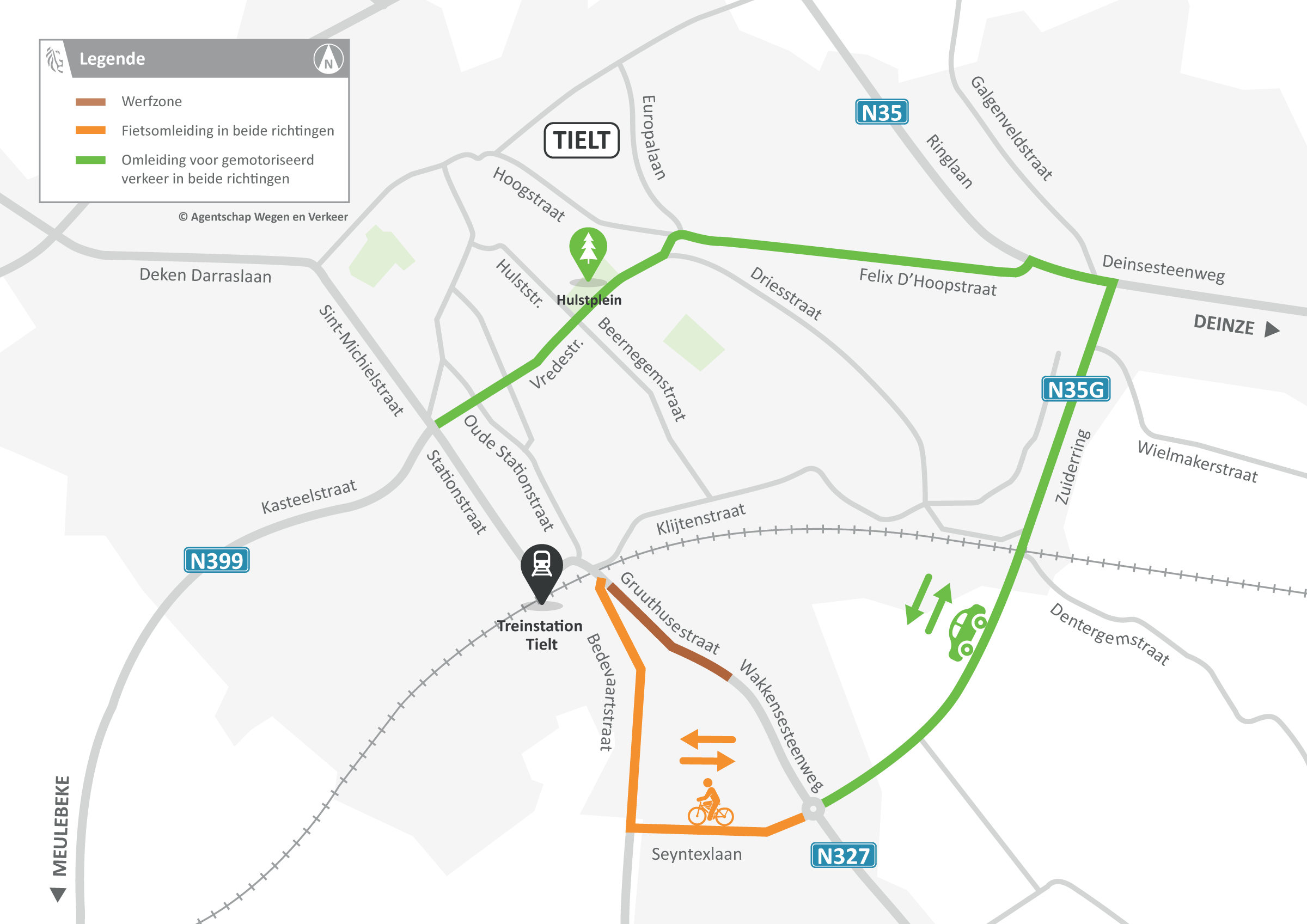 Deze kaart toont hoe het verkeer moet omrijden tijdens de werken op de Gruuthusestraat (N327) in Tielt.