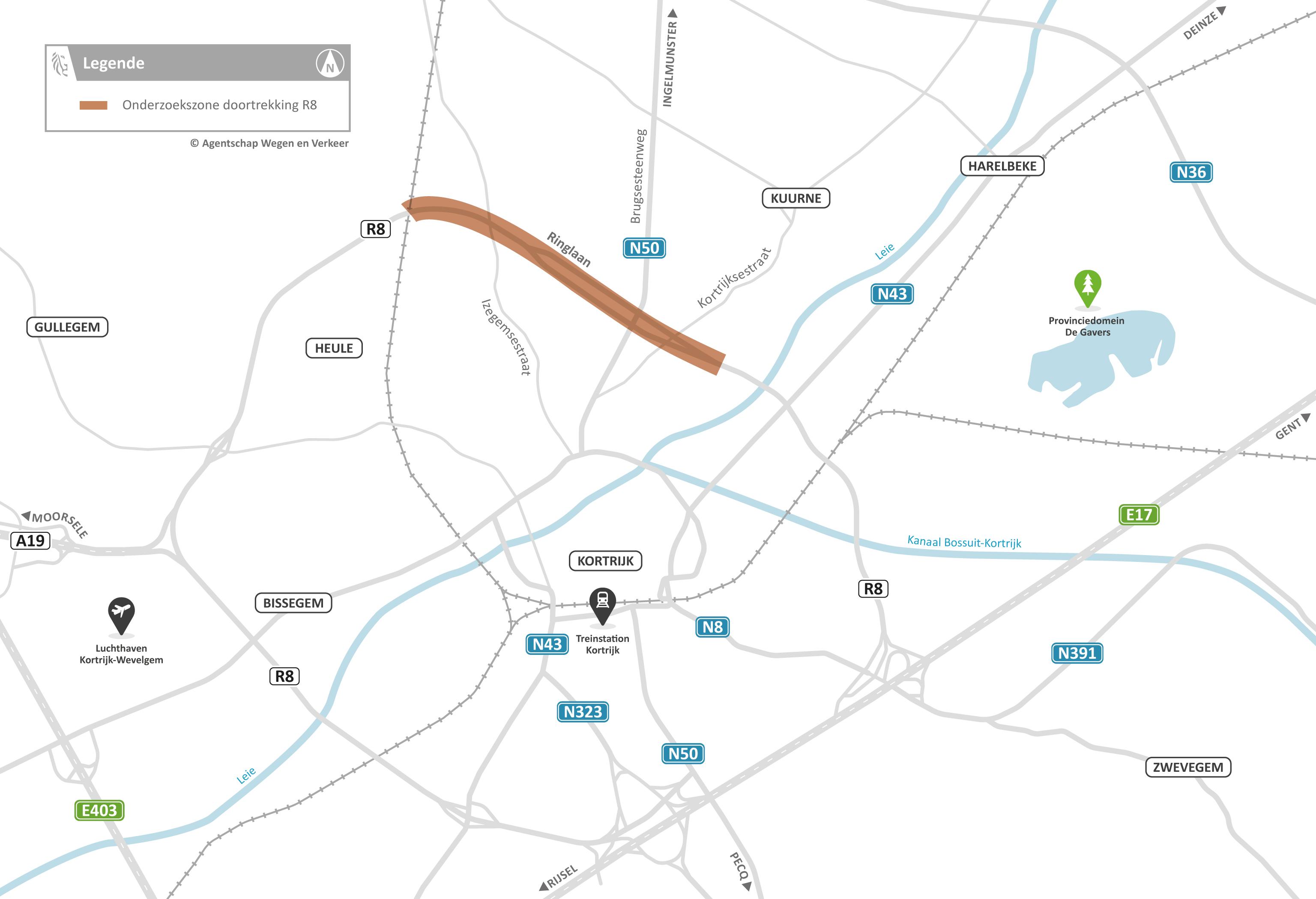 Deze kaart toont waar het onderzoeksgebied licht: op de R8 in Kortrijk-Noord tussen de spoorlijn Brugge-Kortrijk en de Leie.