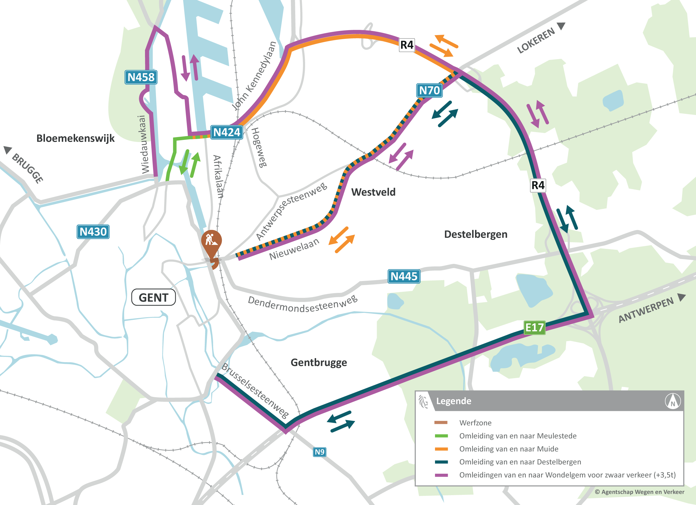 Deze omleidingskaart toont hoe het verkeer moet omrijden tijdens de werken van fase 7 (2-15 april) aan Dampoort
