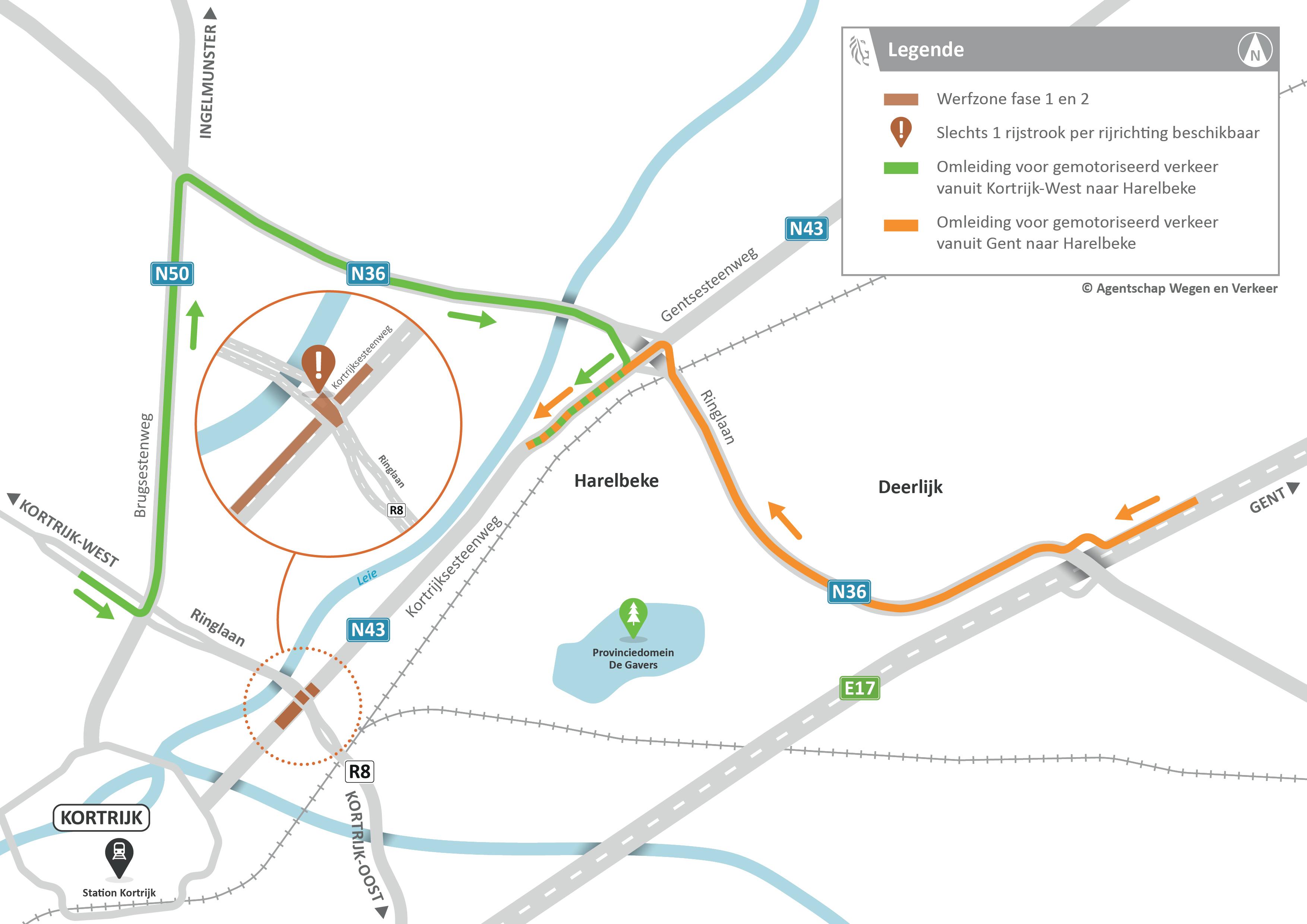 Deze omleidingskaart toont hoe het doorgaand verkeer omrijdt tijdens de werken van fase 1 en 2 op de R8 aan Den Hert