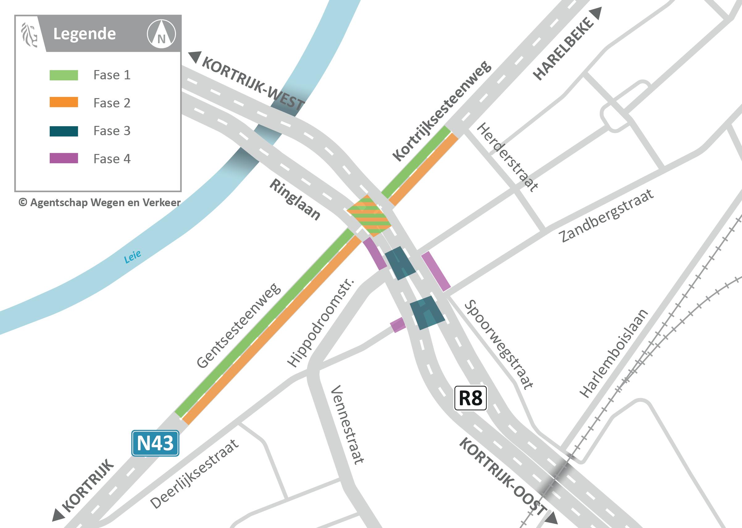Deze faseringskaart toont waar er tijdens welke fase wordt gewerkt op de verschillende kruispunt van de R8 in Kortrijk en Harelbeke.