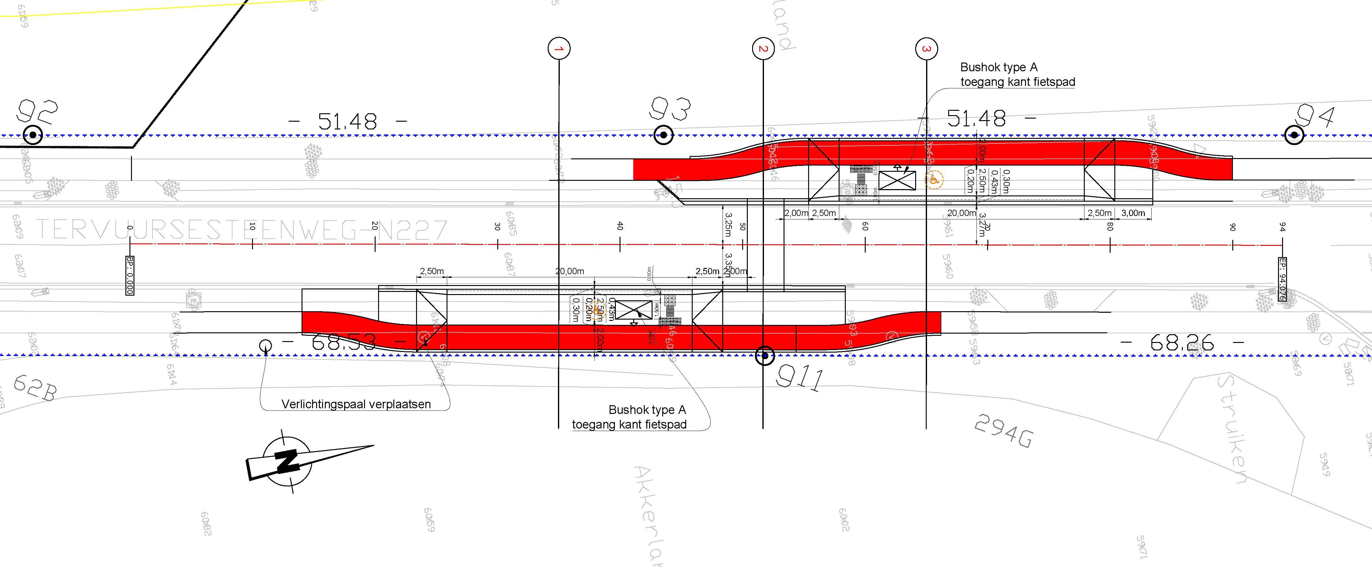 Het grondplan voor de nieuwe bushaltes aan het asielcentrum en de spottersplaats