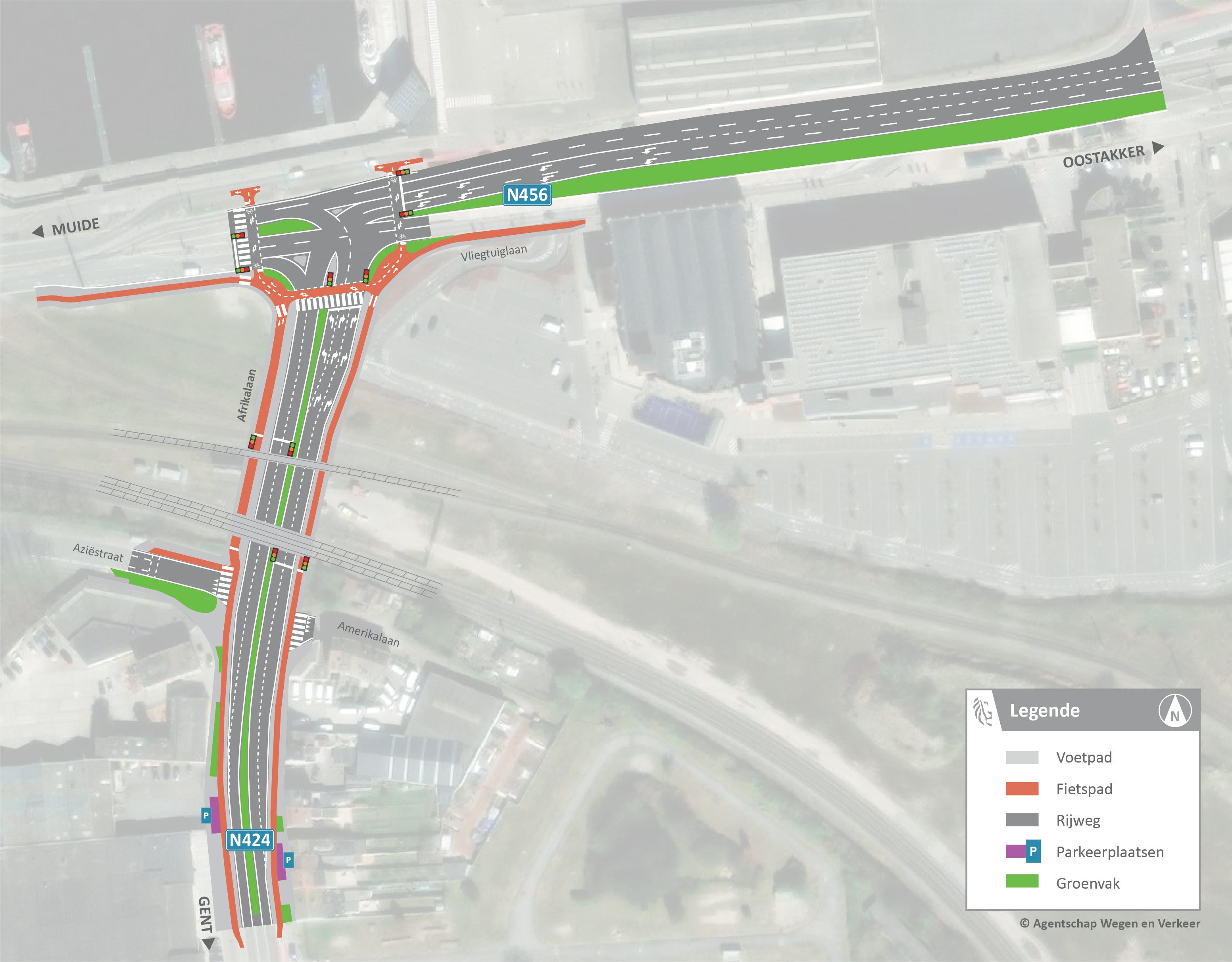 Dit ontwerpplan toont wat er precies verandert op het kruispunt van de Afrikalaan met de Vliegtuiglaan (N424) in Gent.