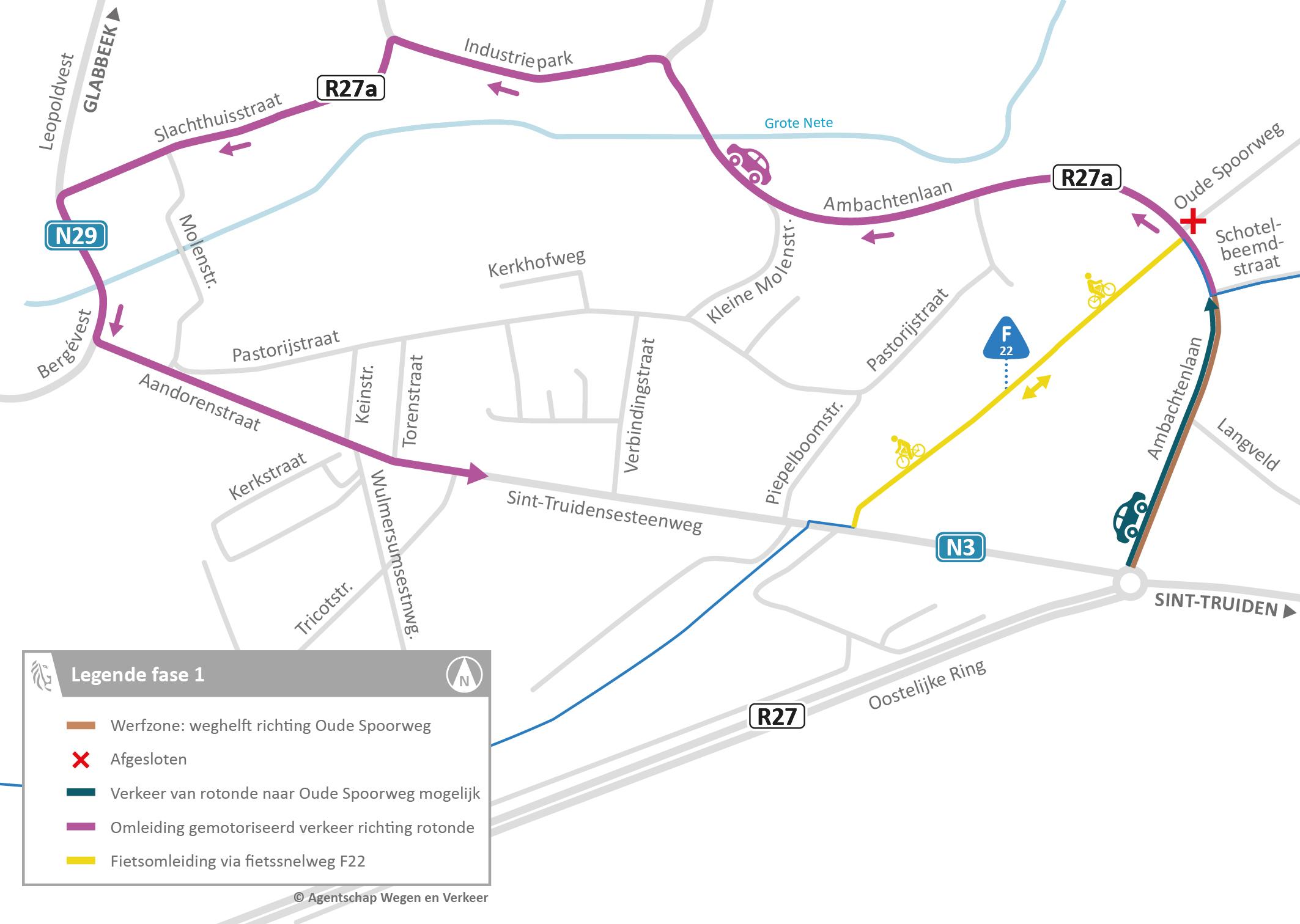 Omleiding voor autoverkeer en fietsers tijdens fase 1