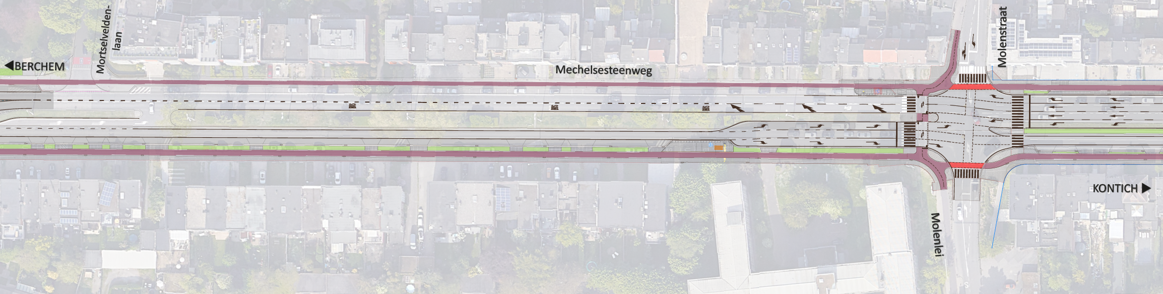 Mechelsesteenweg (N1) in Mortsel vanaf de Mortselveldenlaan tot en met het kruispunt Molenlei met Molenstraat