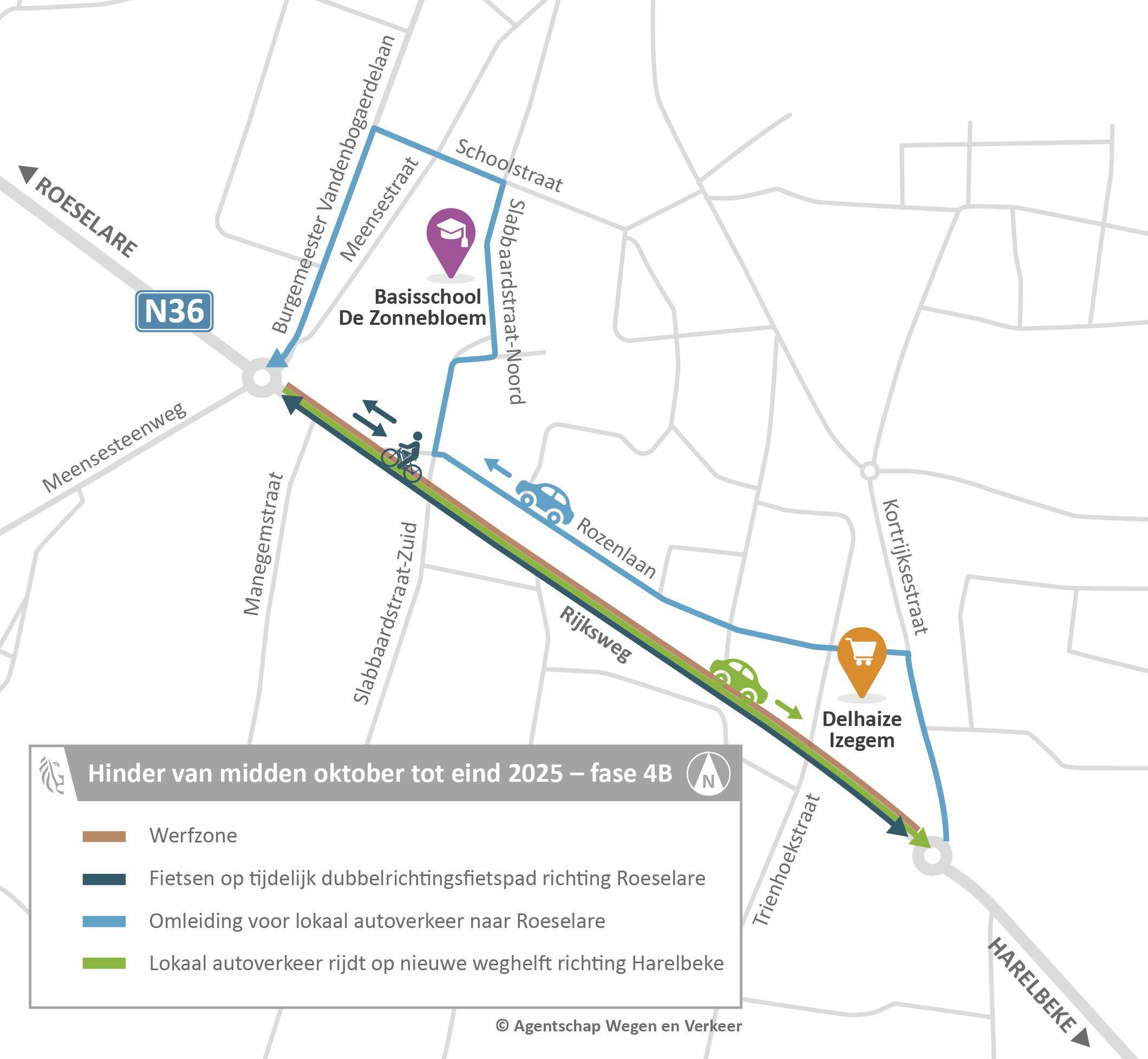 Herinrichting van Rijksweg (N36) in Izegem - Omleidingen van midden oktober tot eind 2025 (fase 4B)