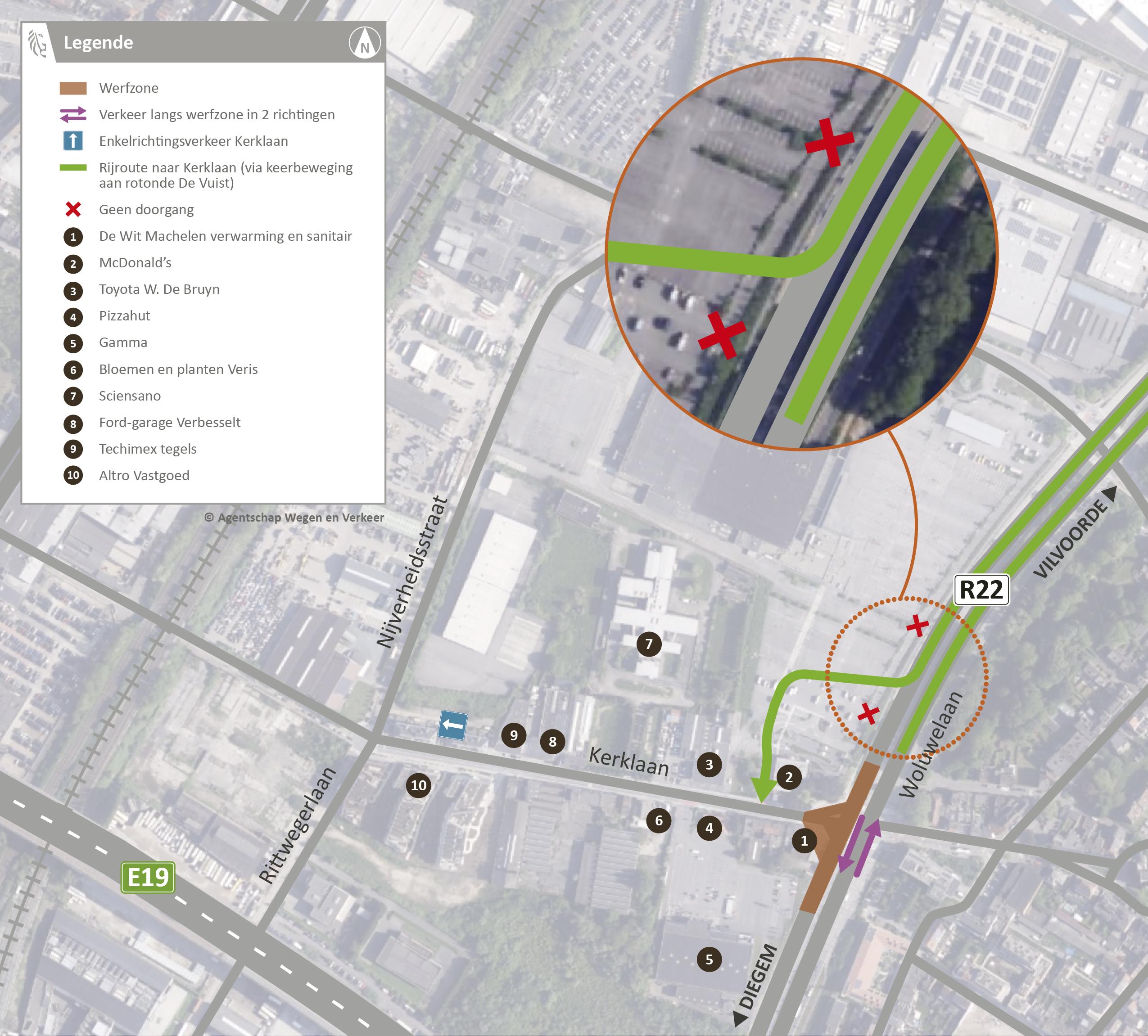 Omleidingskaart werken Kerklaan x Woluwelaan: kant Vilvoorde