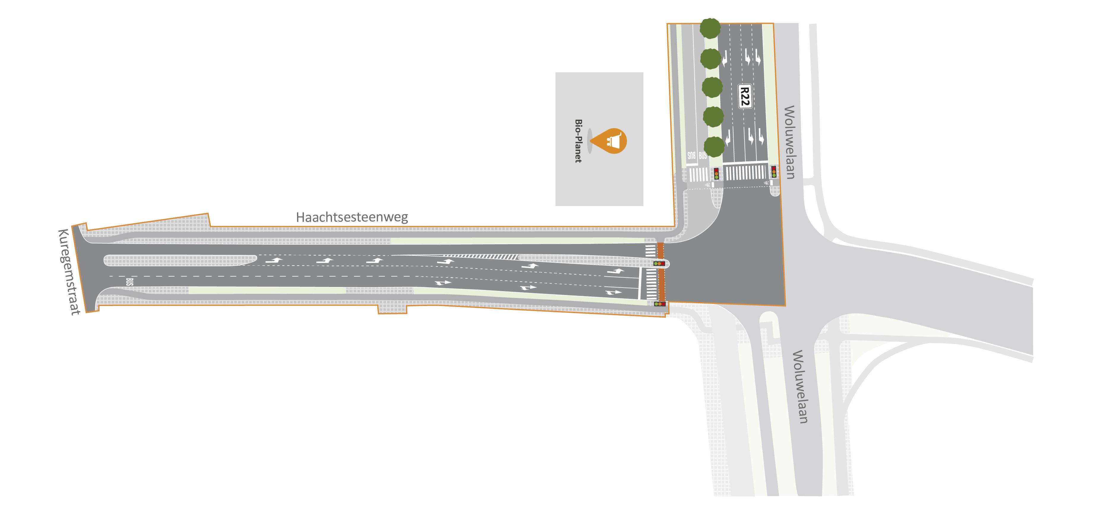 Herinrichting Woluwelaan: ontwerpplan kruispunt Haachtsesteenweg