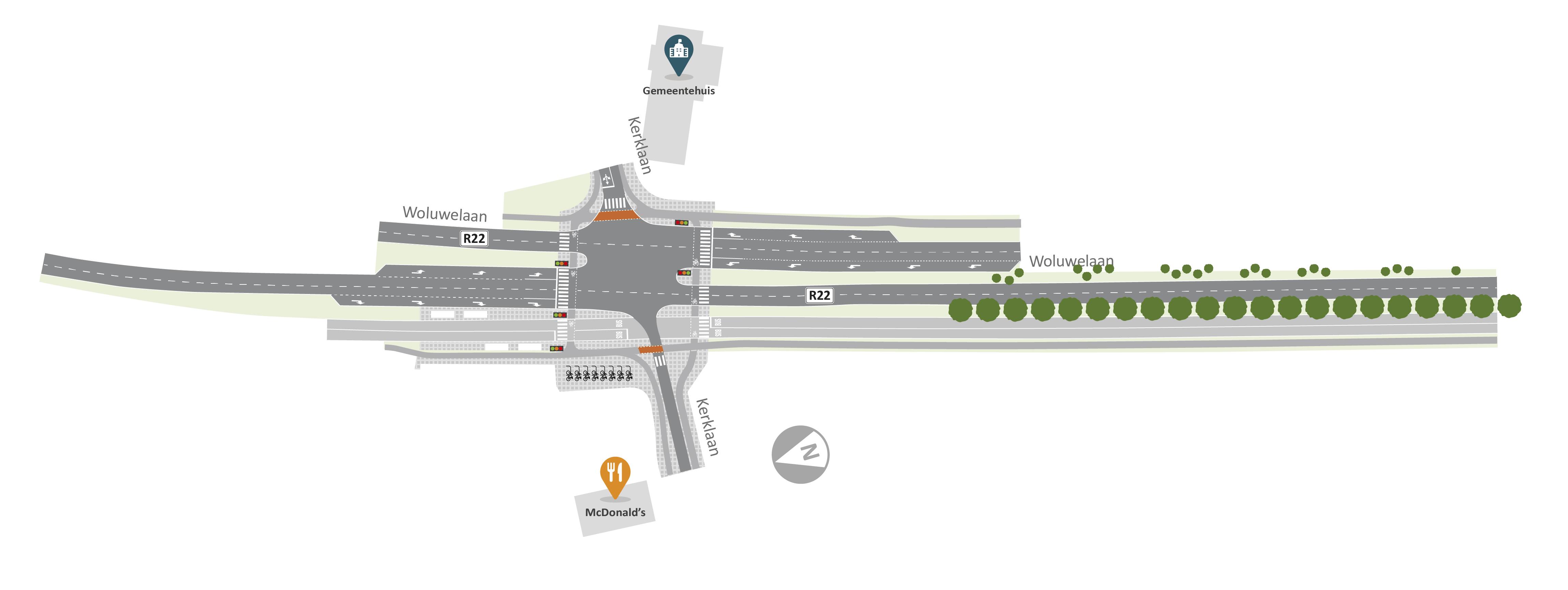 Herinrichting Woluwelaan: ontwerpplan kruispunt Kerklaan