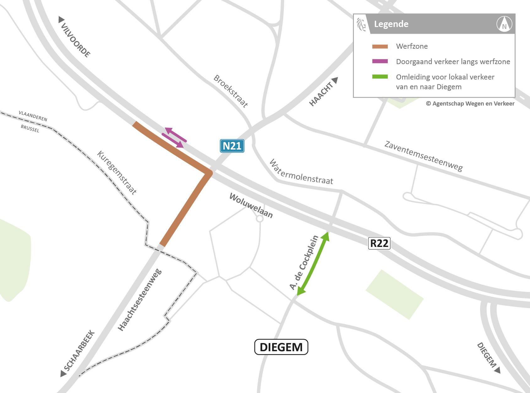 Omleidingskaart werken Haachtsesteenweg x Woluwelaan: lokaal verkeer