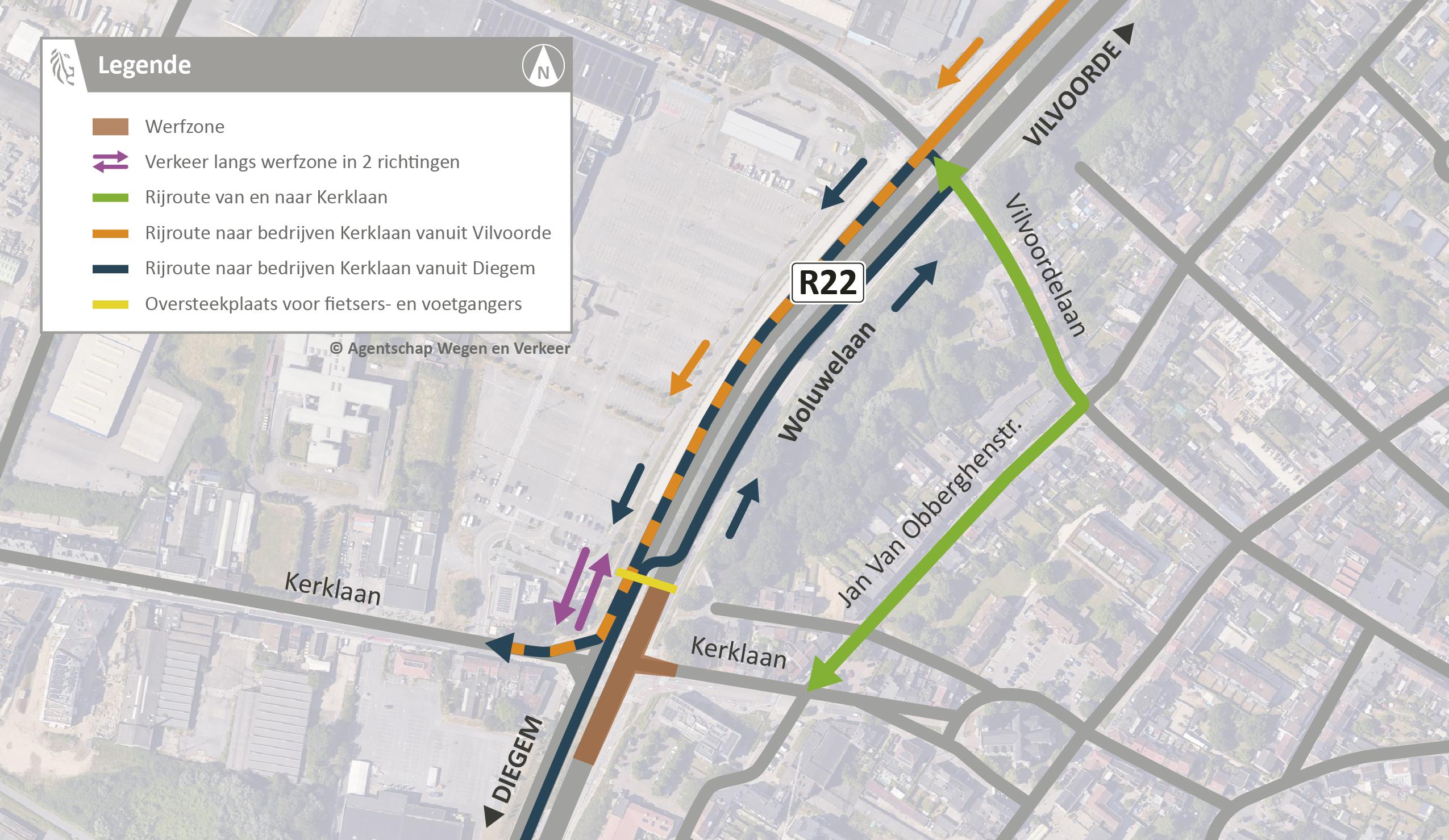 Omleidingskaart werken Kerklaan x Woluwelaan: kant gemeentehuis (update)