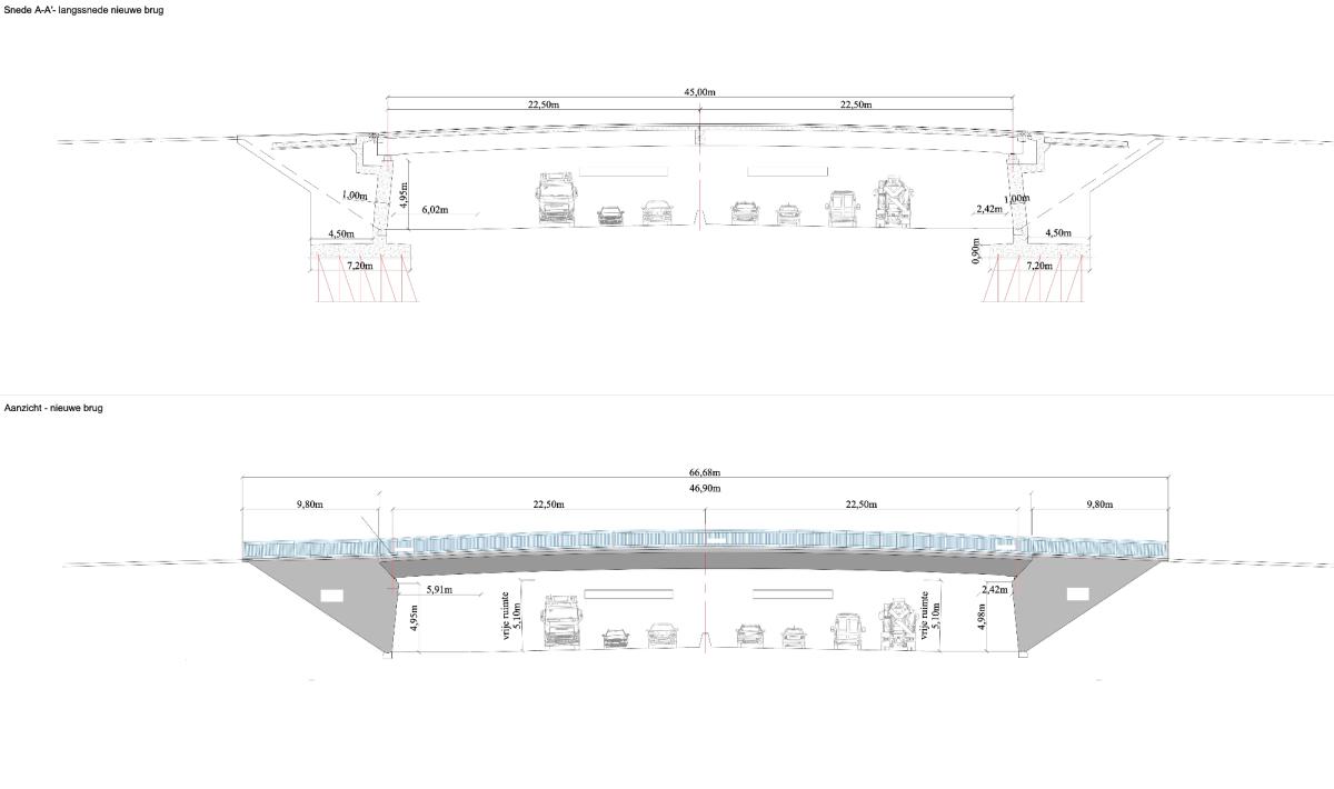 De dwarsdoorsnede bovenaan en het aanzicht van de brug vanop de E40.