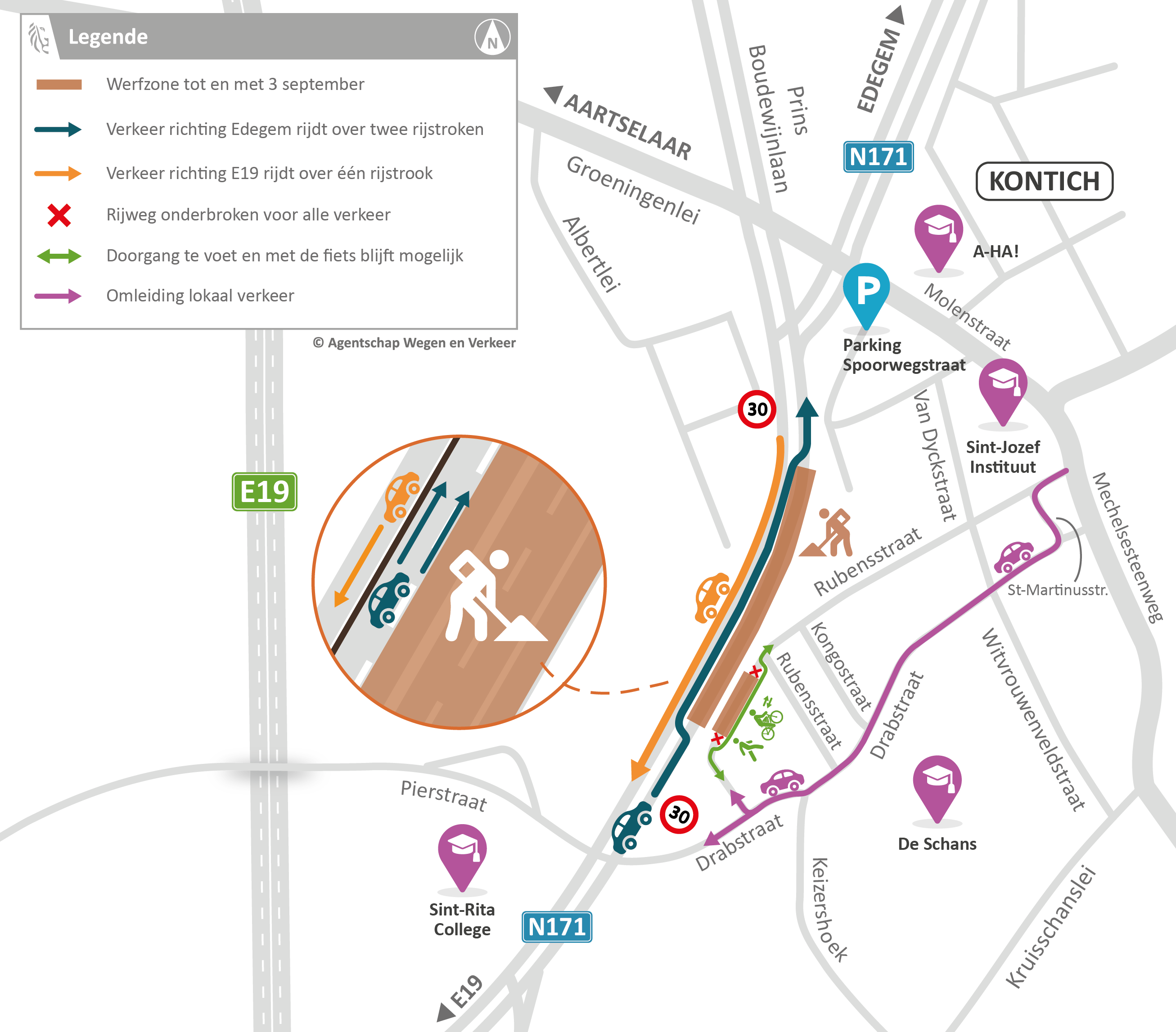 Bouw fietstunnel N171 Kontich: omleiding fase 1