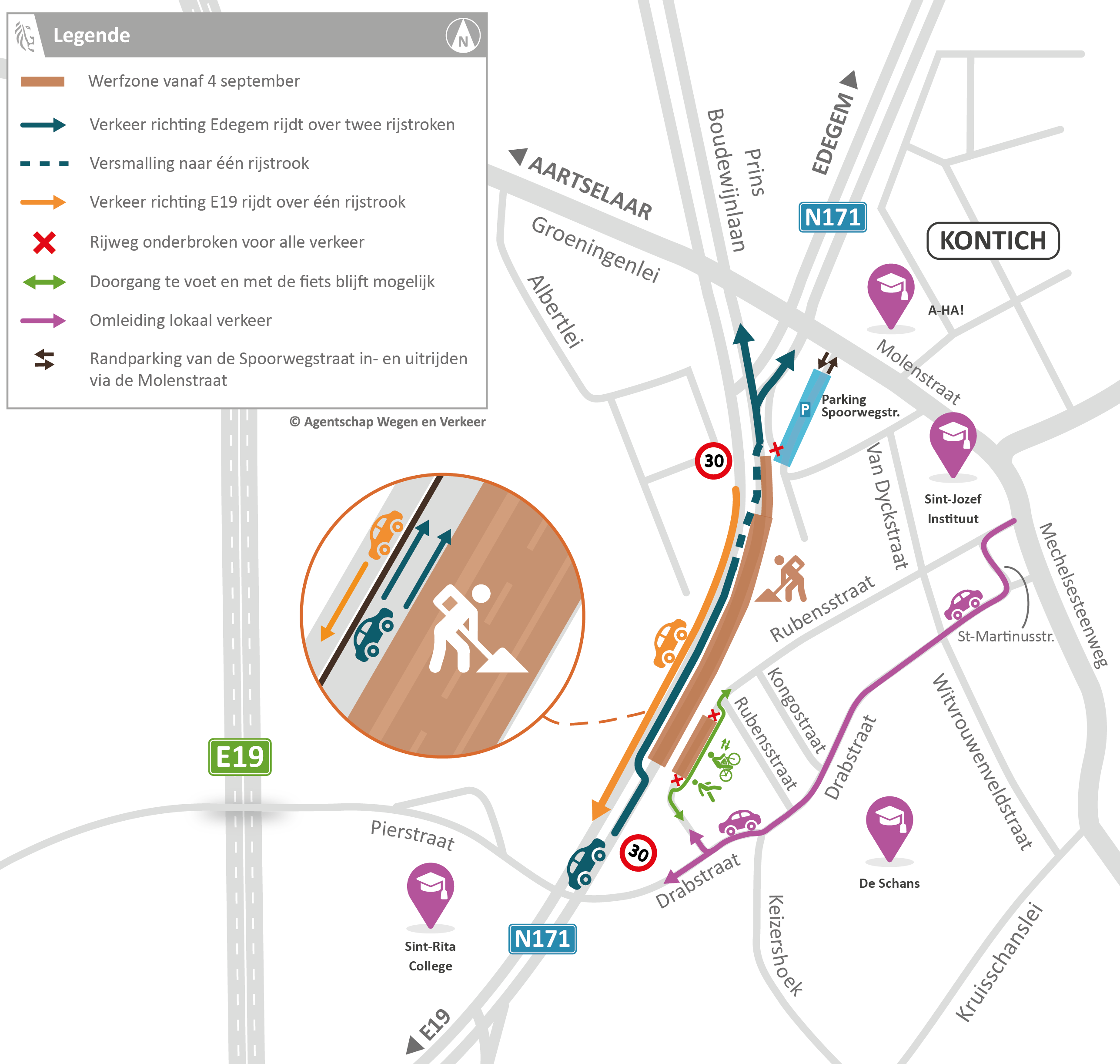 Bouw fietstunnel N171 Kontich: omleiding van 4 september tot en met 17 oktober 2025