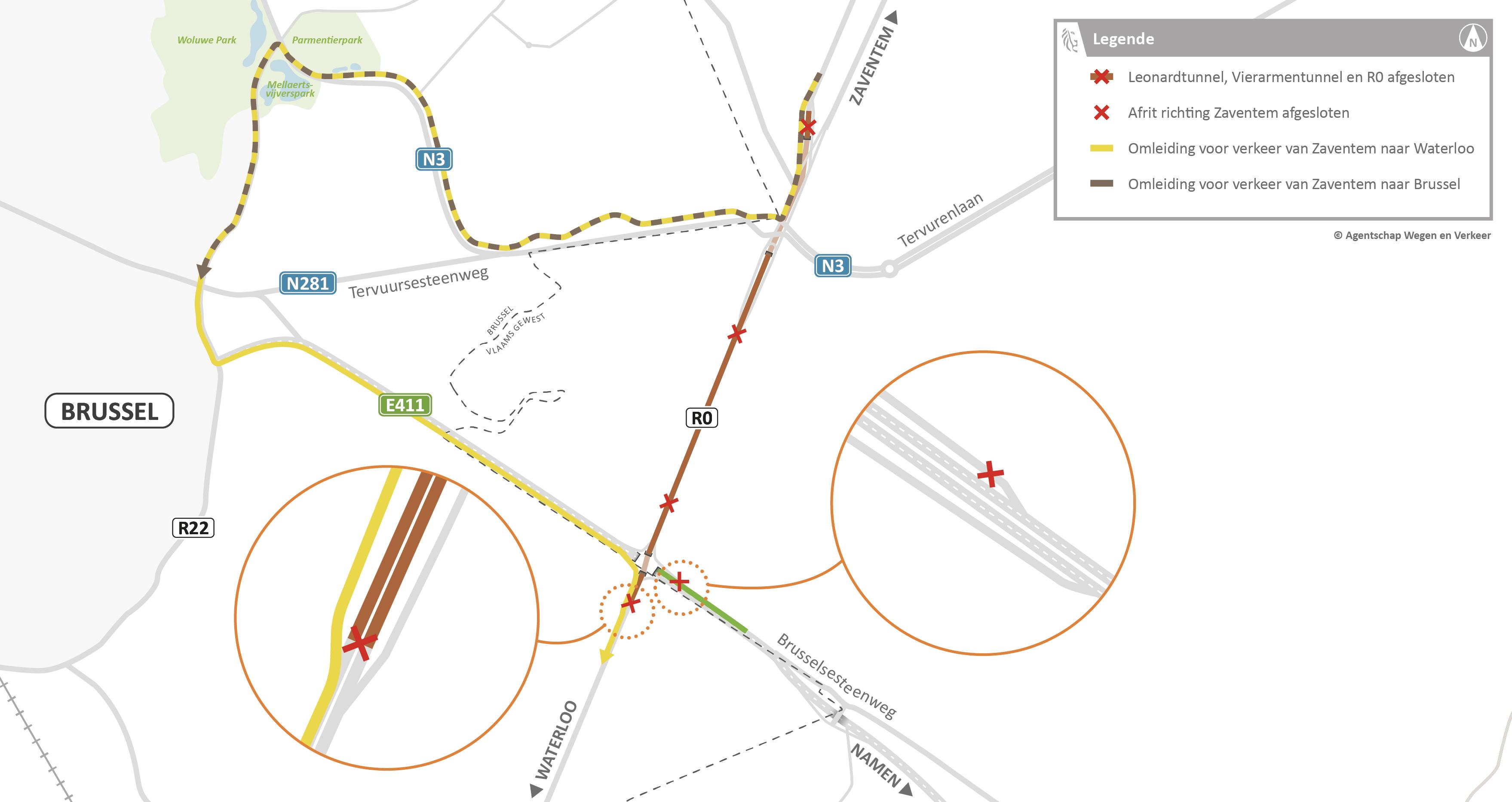 Omleidingskaart weghalen seinbrug - verkeer vanuit Zaventem naar Brussel - Waterloo - Namen