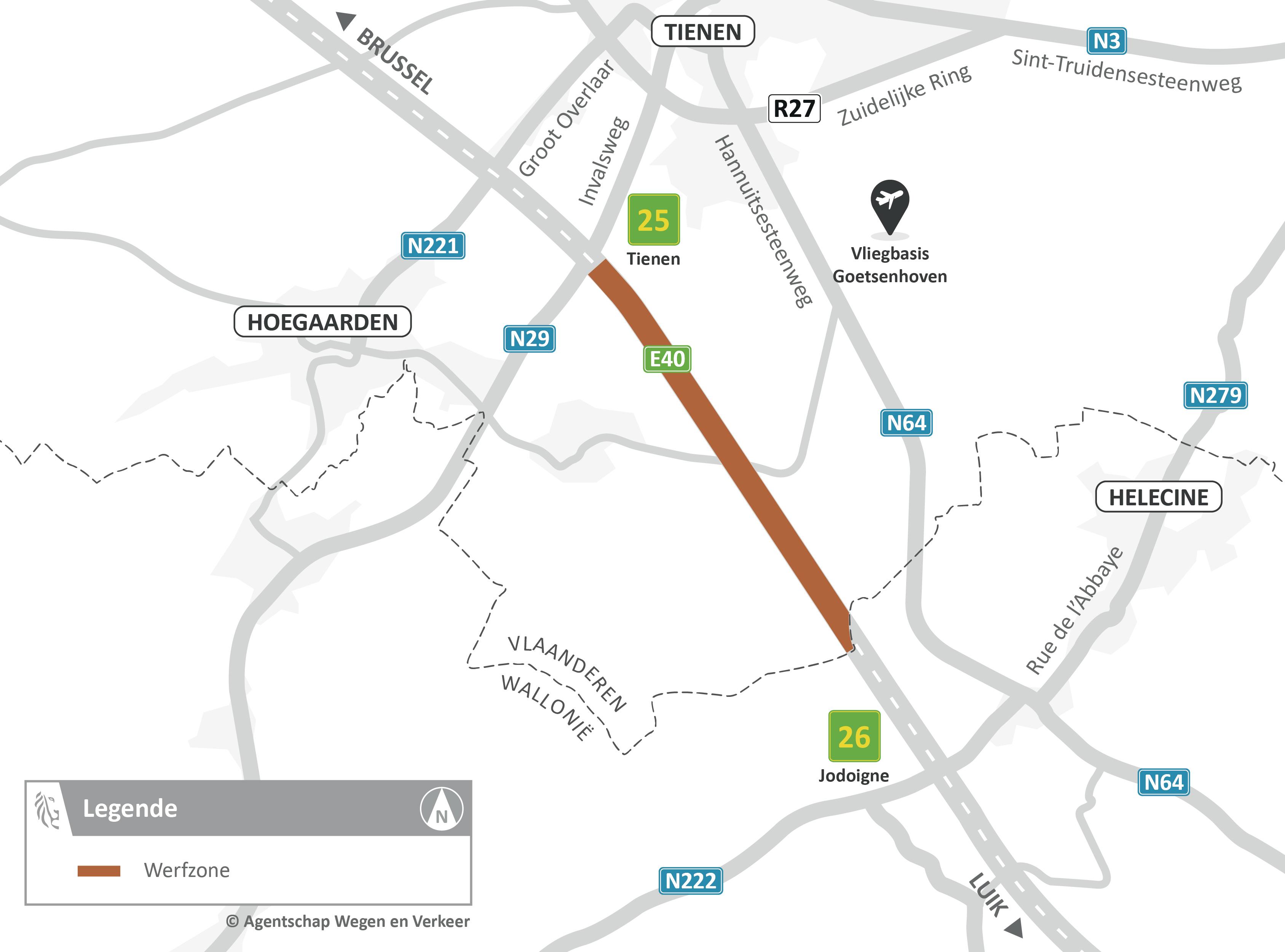 Werfzone overlaging in asfalt van de E40 in Tienen-Hoegaarden-Goetsenhoven