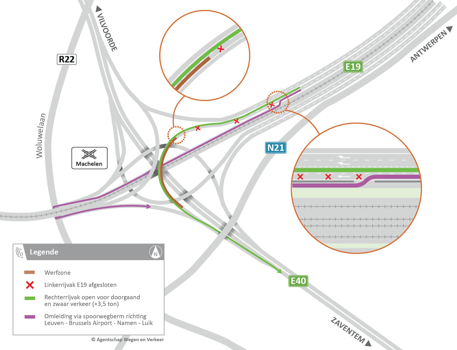 E19 Machelen: omleidingskaart fase 2 onderhoudswerken