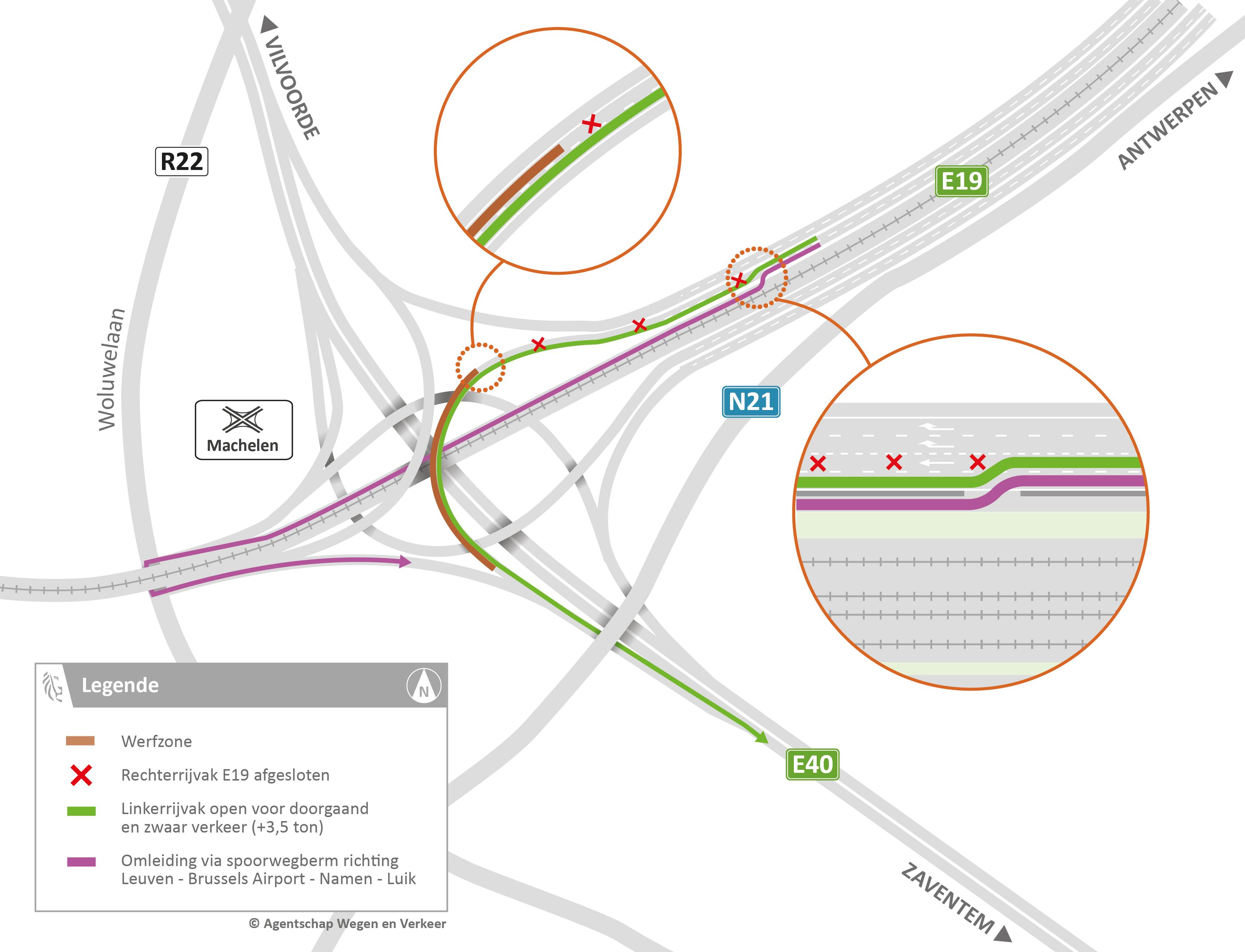 E19 Machelen: omleidingskaart fase 1 onderhoudswerken