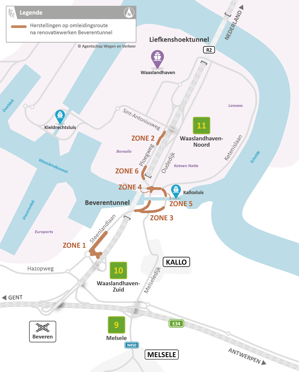 Beverentunnel: overzicht van de zes zones waar we afbraak- en herstellingswerken uitvoeren vanaf 14 november om 20.00 uur