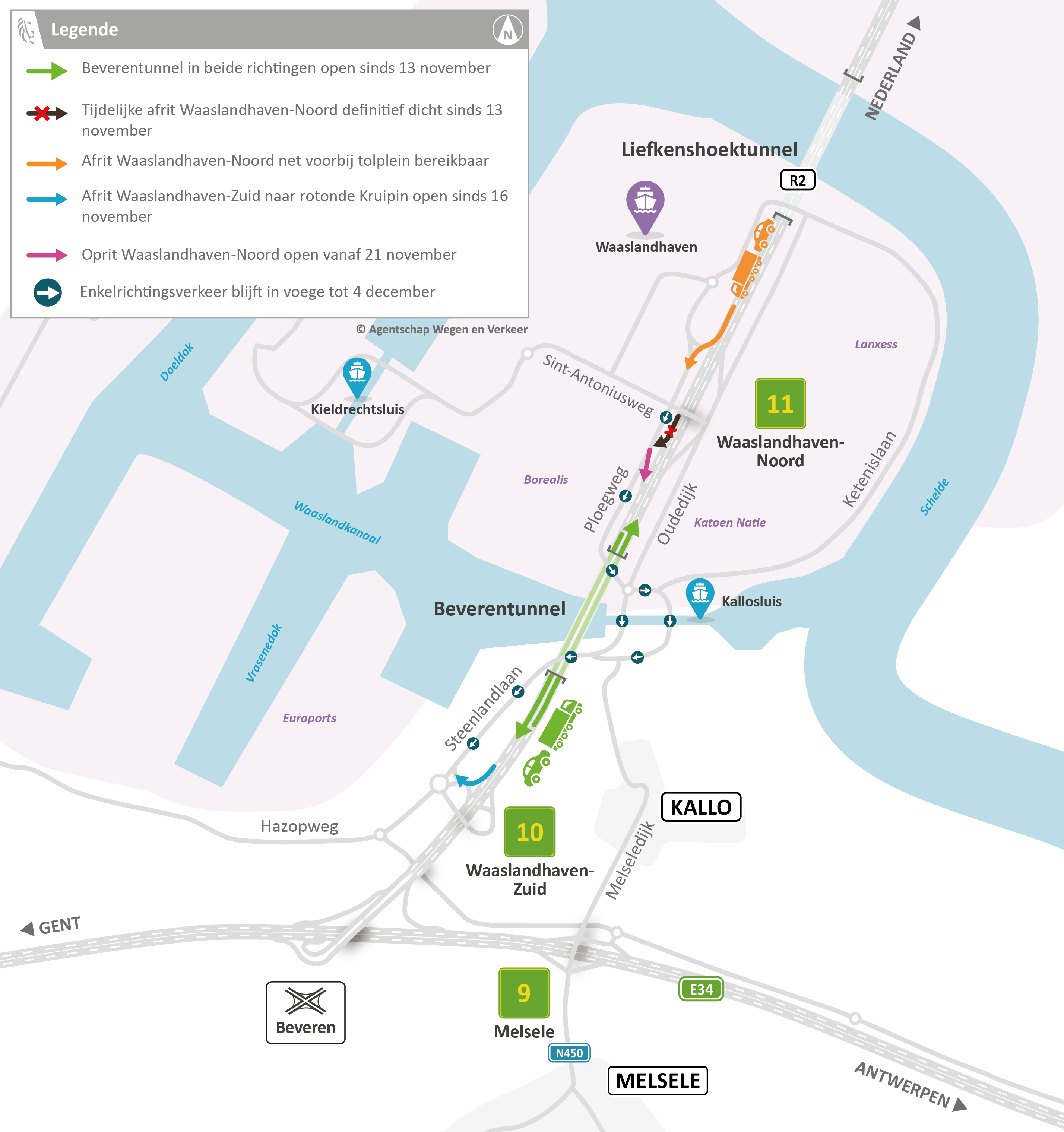 Beverentunnel: herstellingswerken omleidingsroute: bereikbaarheid op- en afritten Waaslandhaven van 17 november tot en met 5 december