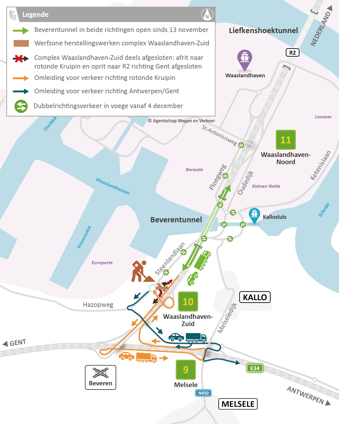 Beverentunnel herstellingswerken omleidingsroute - Verkeerssituatie van 6 december tot 10 december