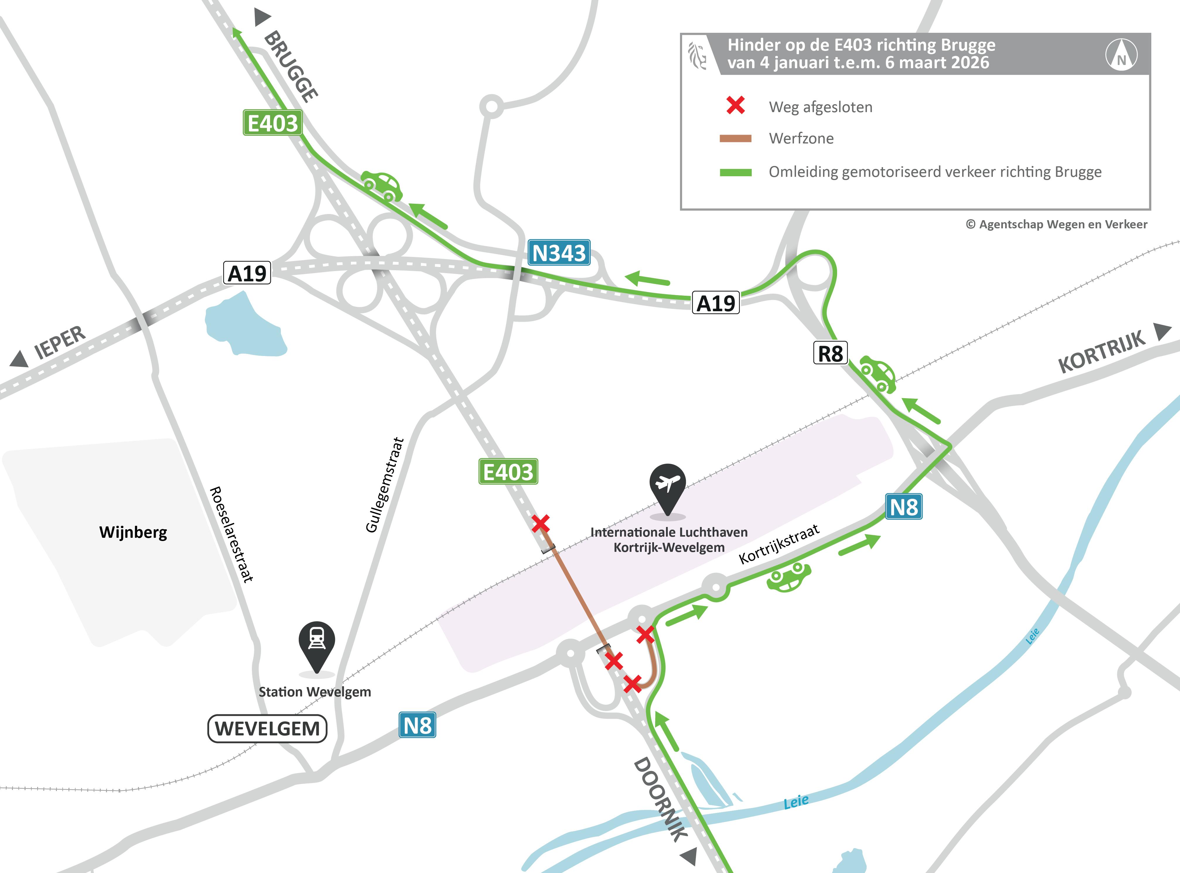 Omleidingskaart voor de werken in Wevelgem