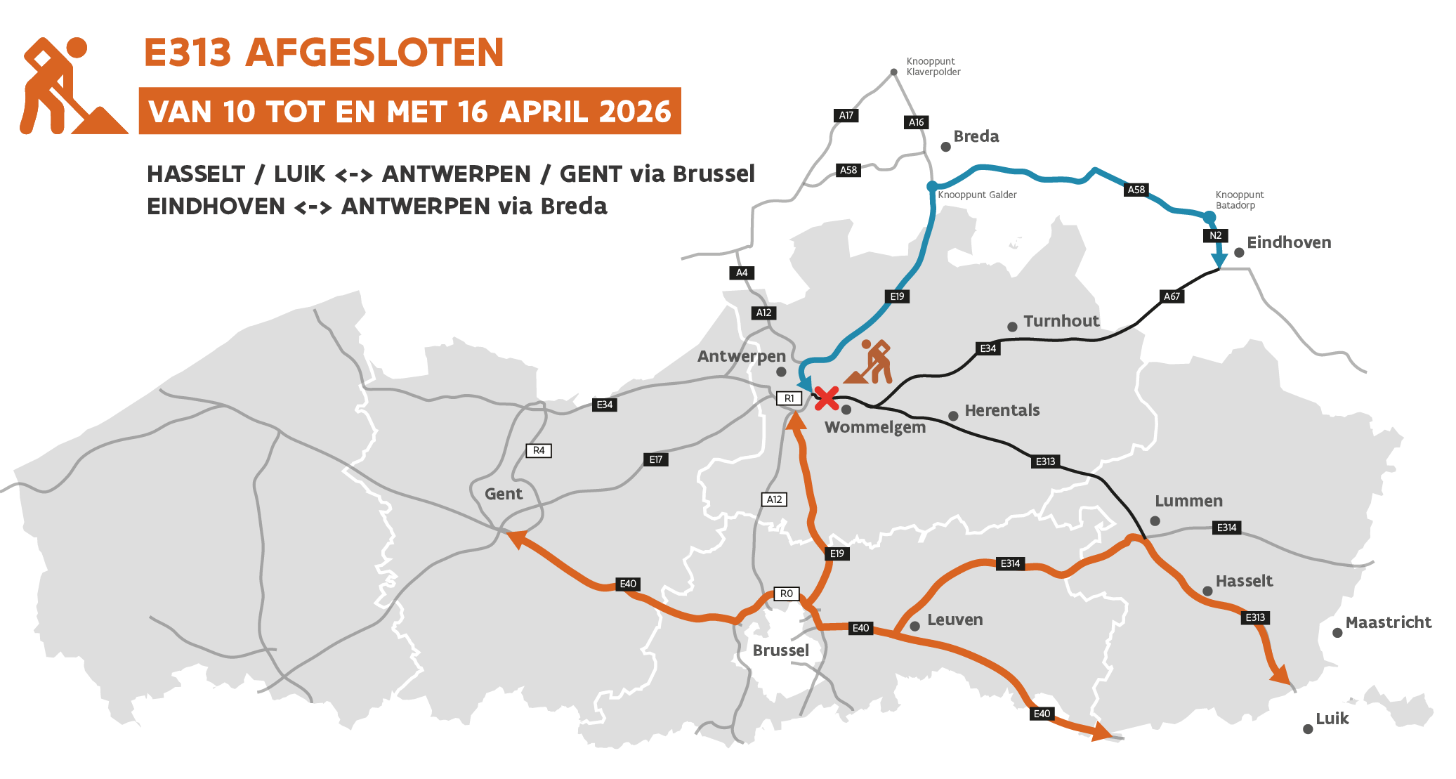 Bruggen E313 Deurne_omleidingsroutes lange afstand