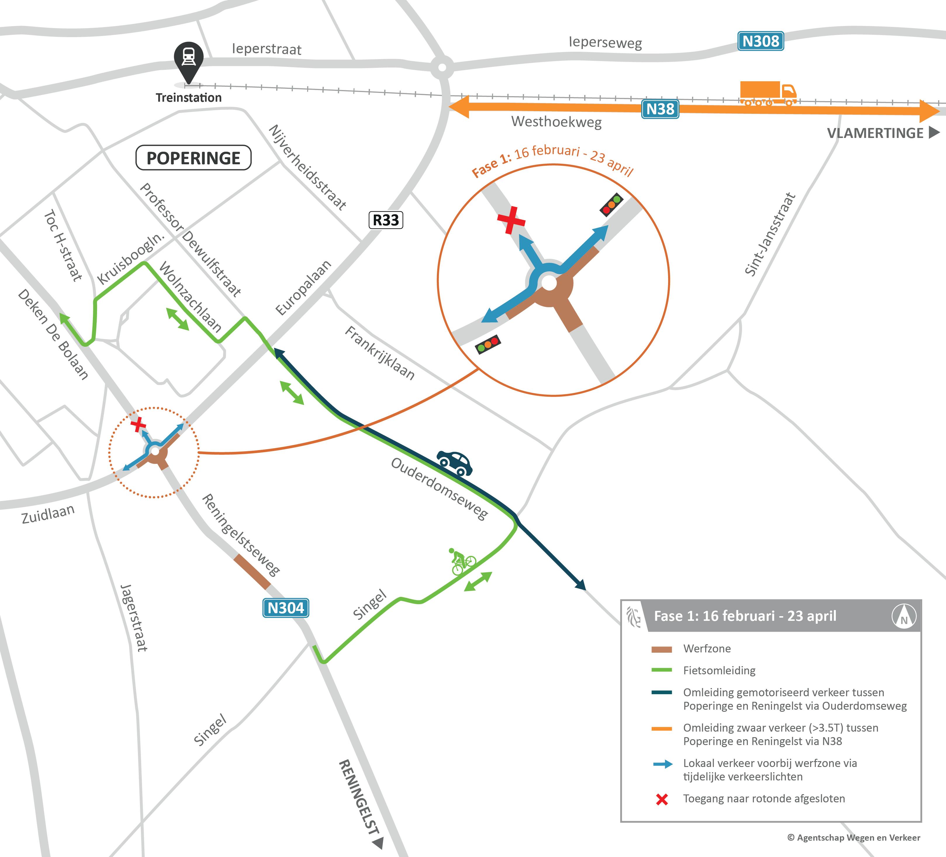 R33 x N304 Poperinge - omleidingskaart fase 1