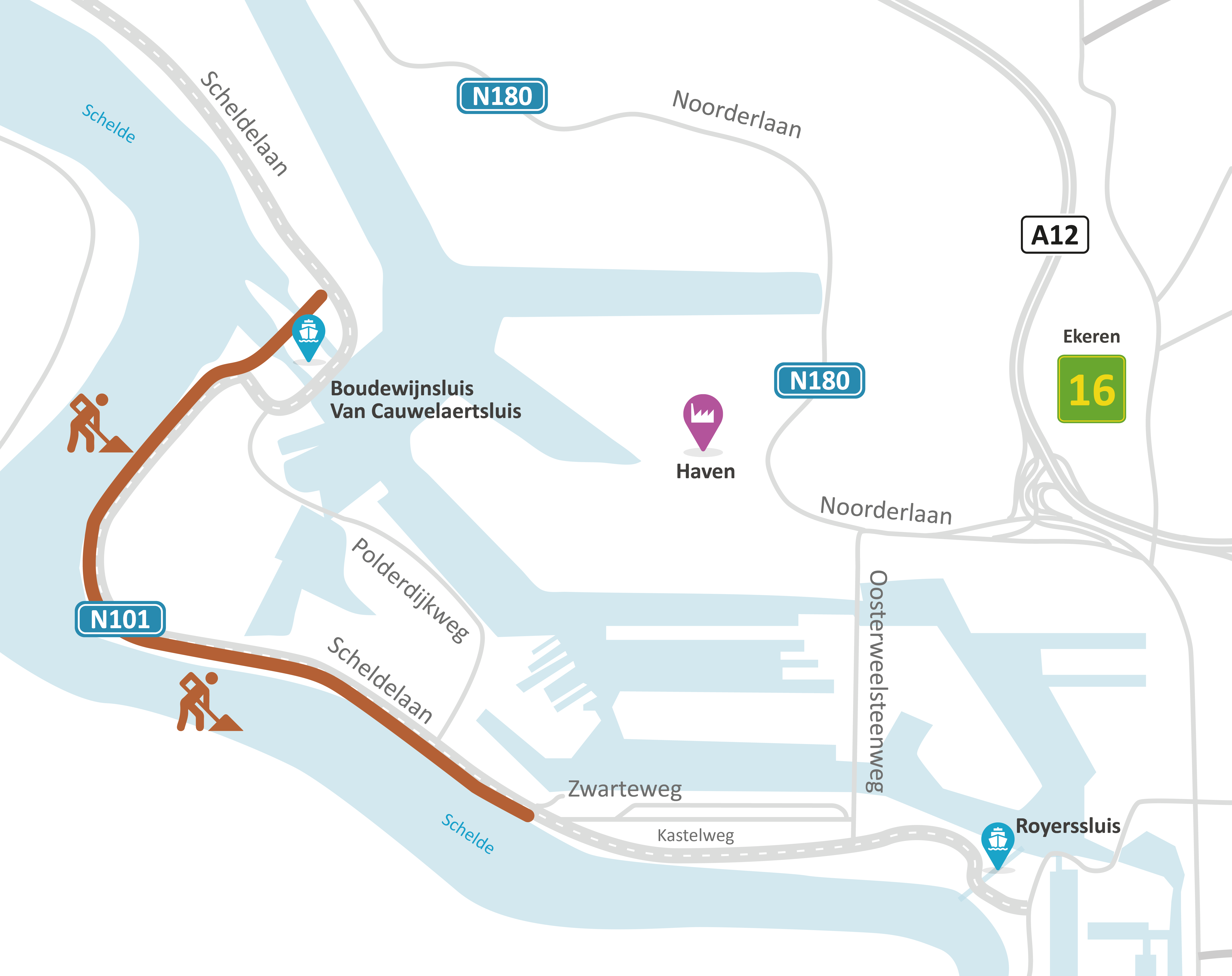 Situeringsplan werken N101 Scheldelaan