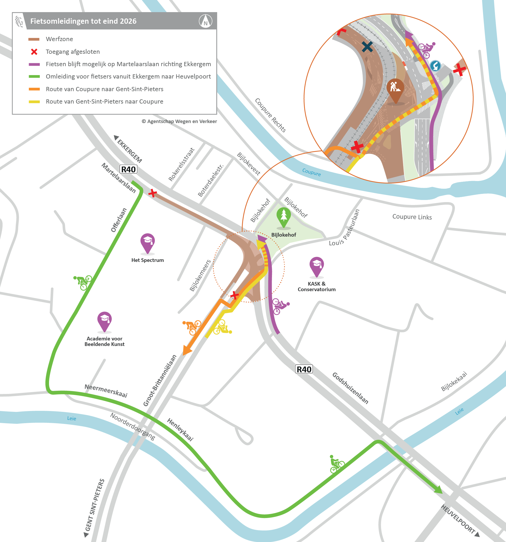 Omleiding voor fietsers van april 2026 tot eind 2026 in kaart.
