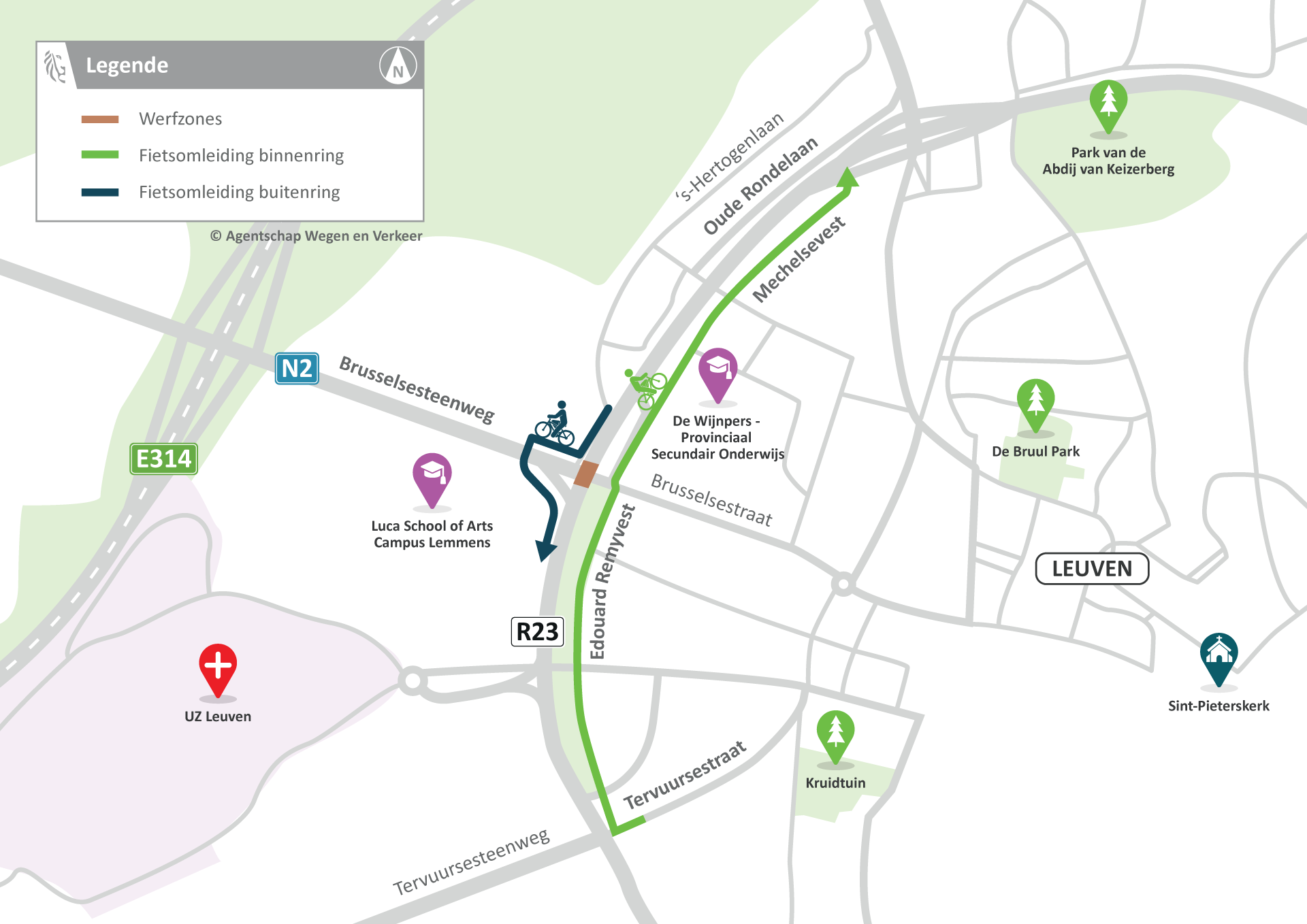 Fietsomleiding langs binnen- en buitenring tijdens werken Brusselsepoort