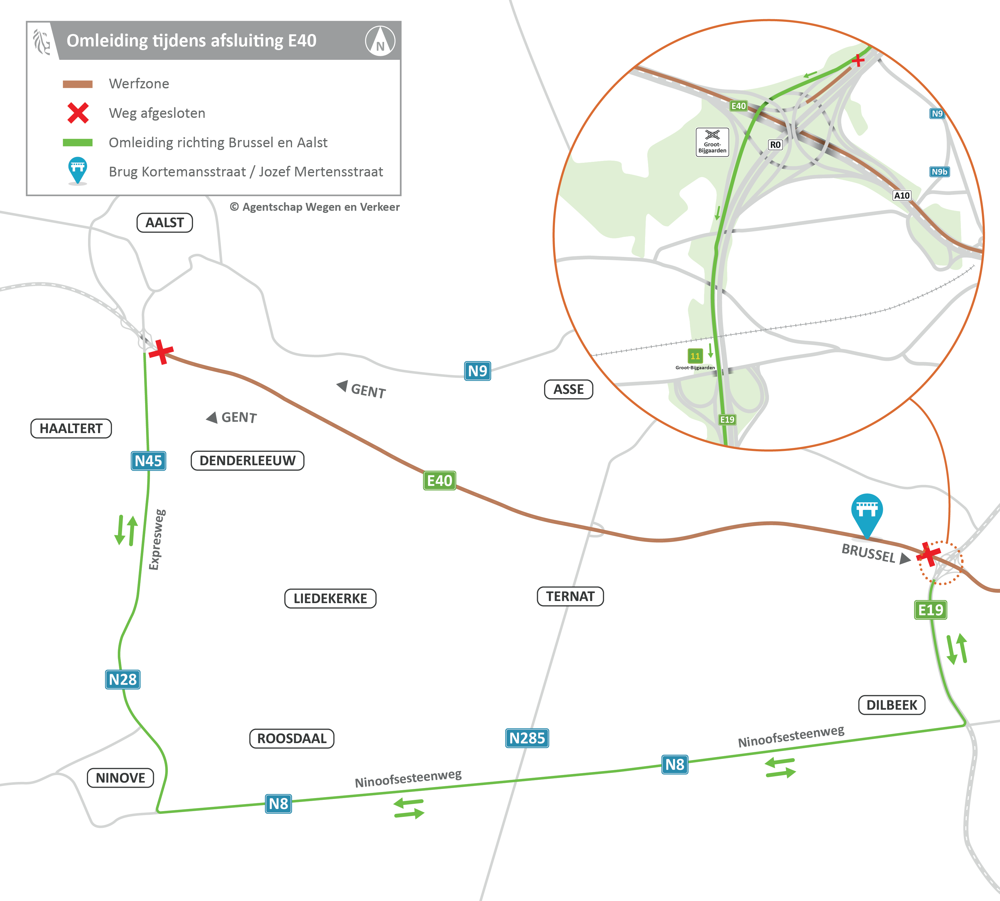 Omleidingskaart tijdens afsluiting snelweg E40 einde maart aan knooppunt Groot-Bijgaarden