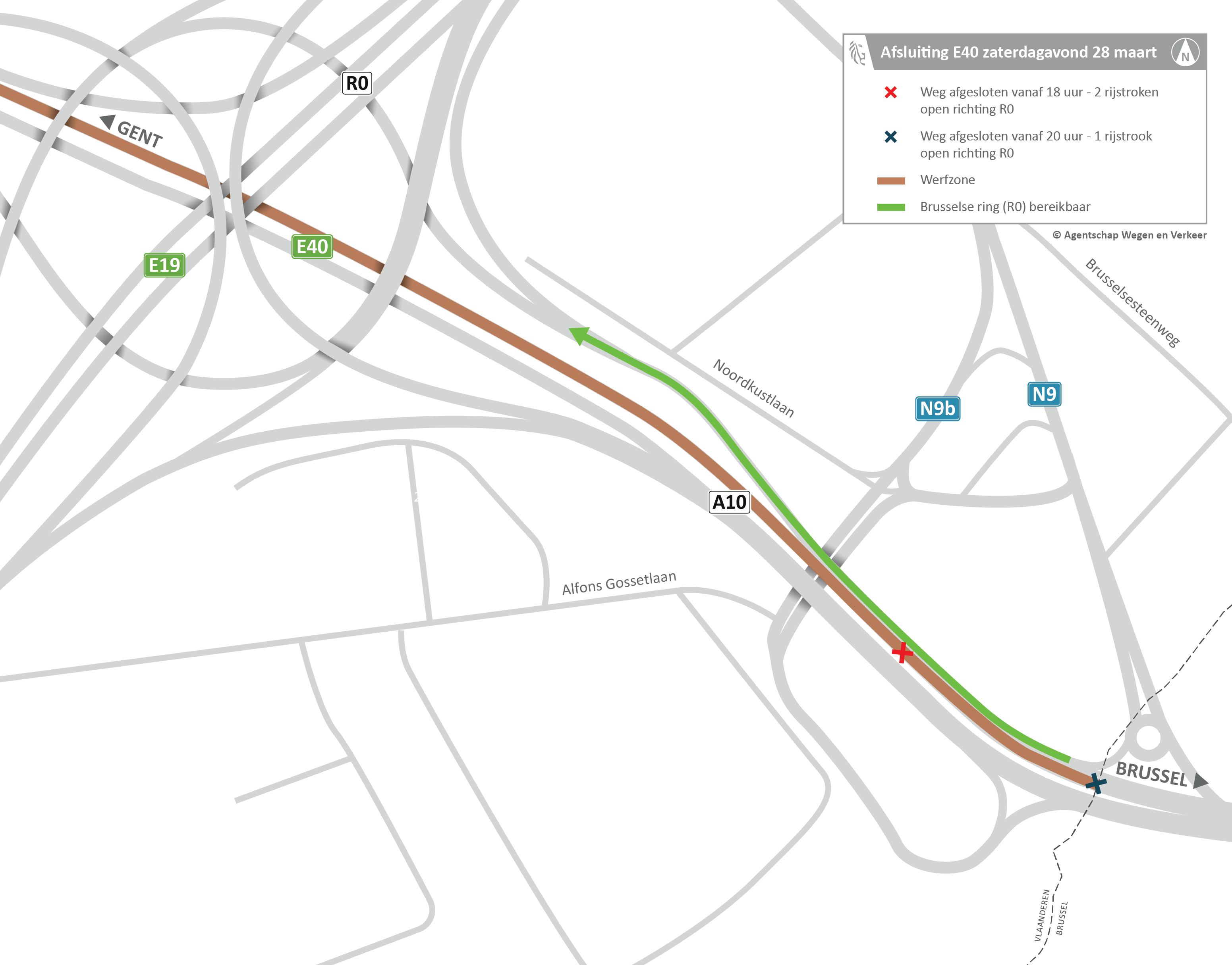 Kaart met aanduiding vroegere afsluiting E40 aan bedrijvenzone Gosset tijdens hinderweeken einde maart 2026