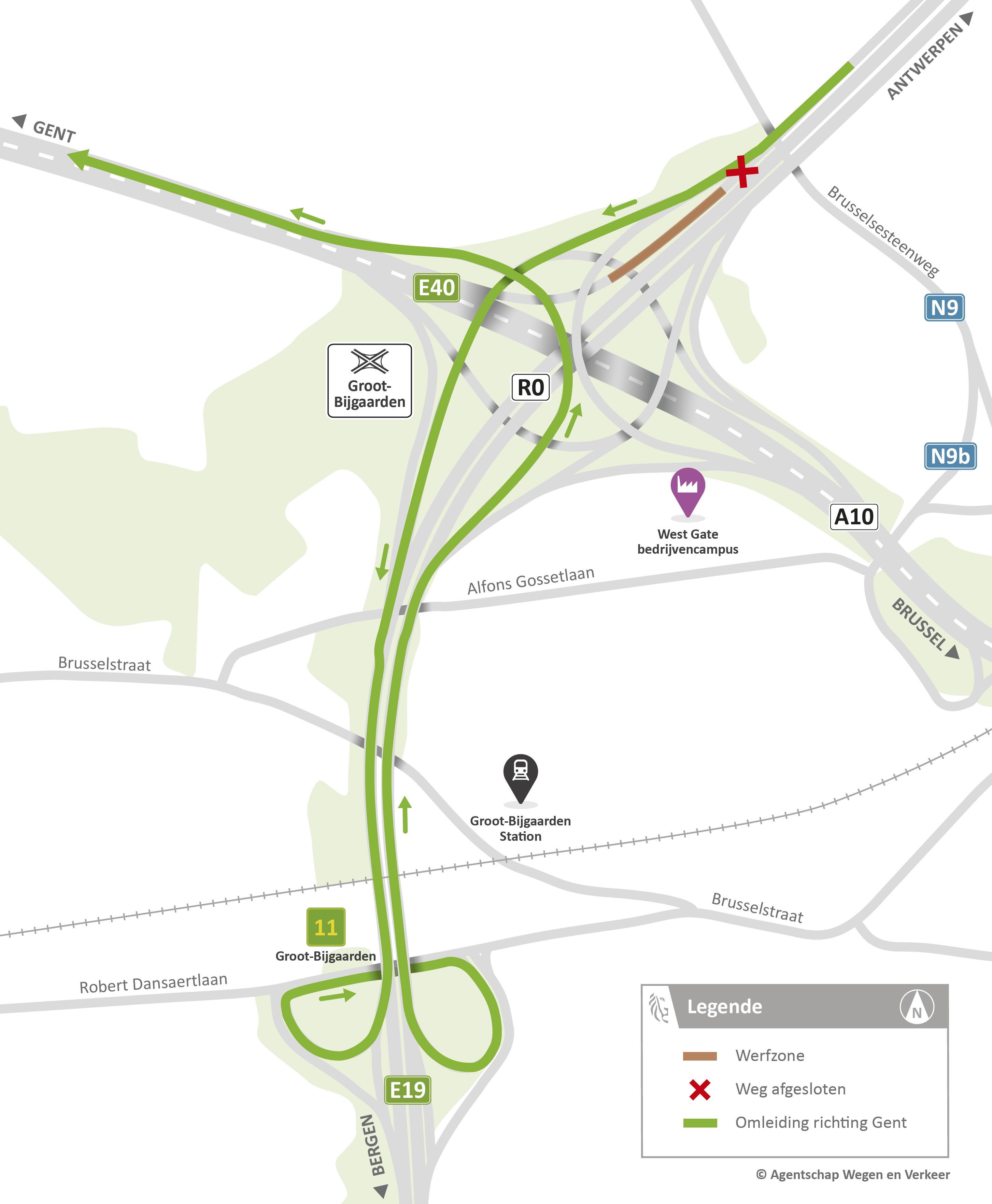 Keerbeweging aan op- en afritten Groot-Bijgaarden 