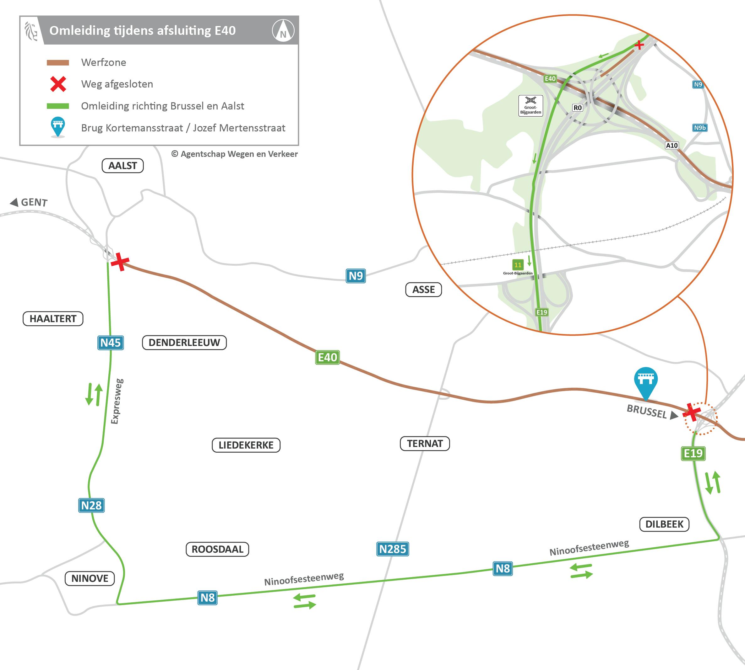 Omleiding tijdens afsluiting snelweg E40 einde maart aan knooppunt Groot-Bijgaarden