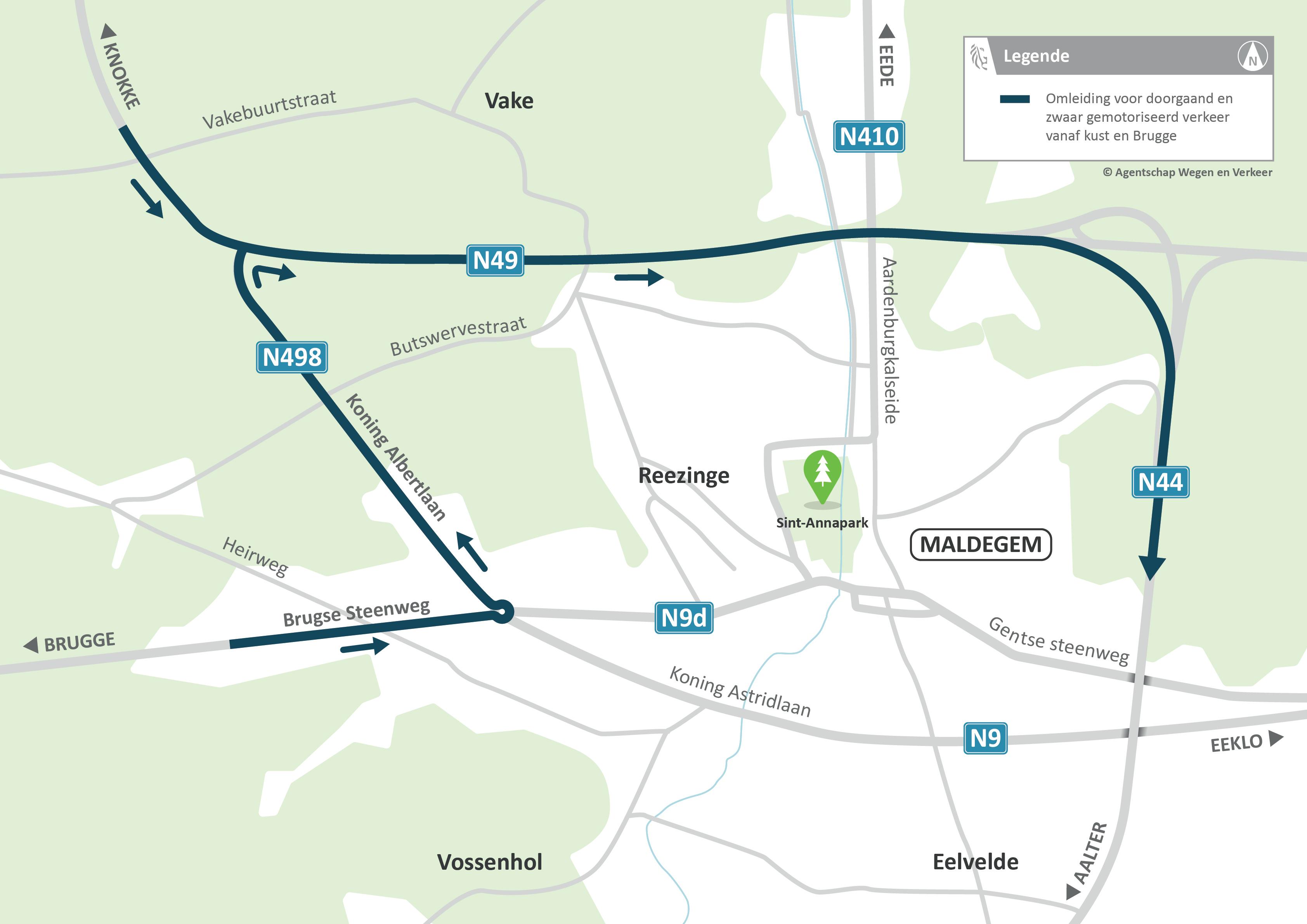 Herinrichting kruispunt N44 x Aalterbaan (N44a) in Maldegem - omleidingskaart gemotoriseerd verkeer