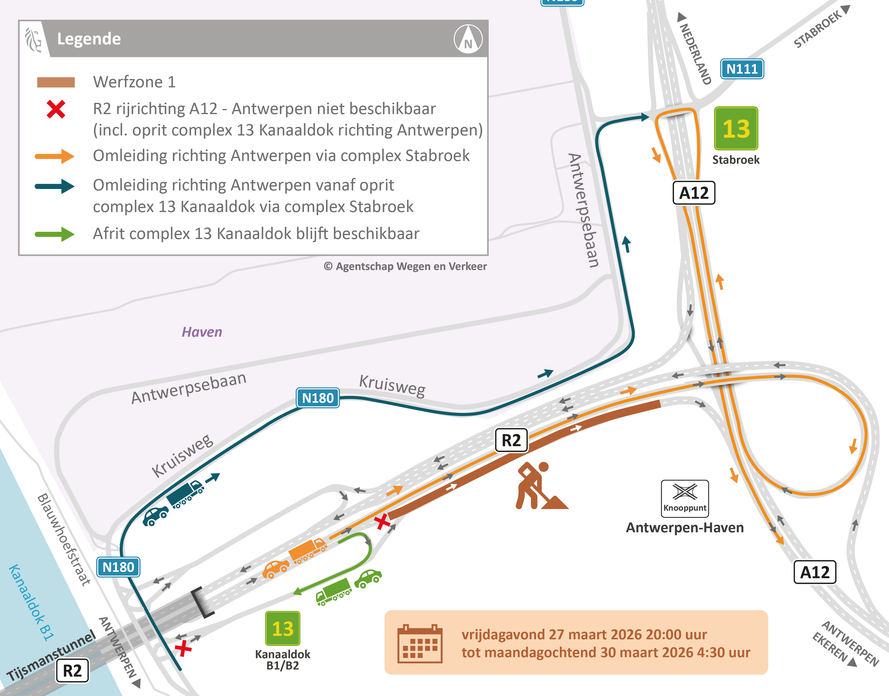 Vernieuwing wegdek R2 tussen Tijsmanstunnel en A12: omleidingsplan