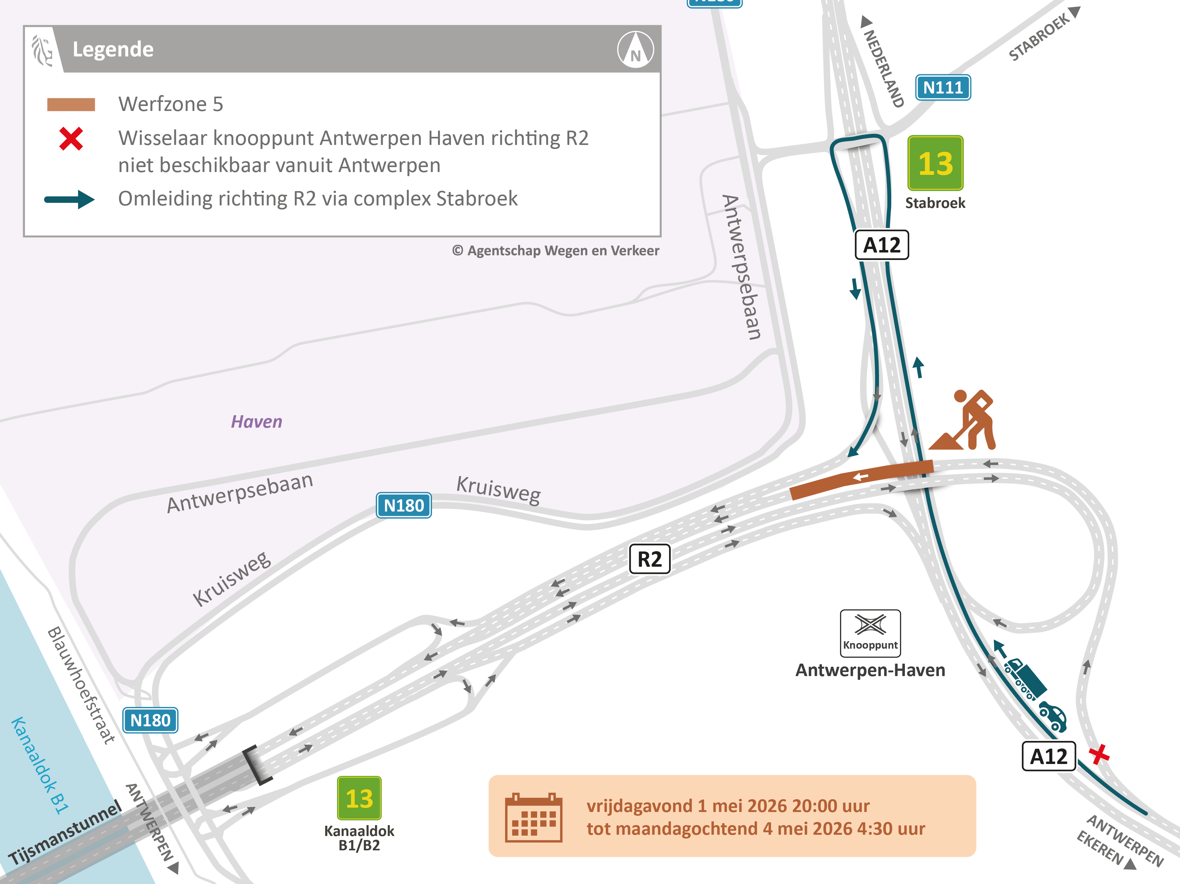Vernieuwing wegdek R2 tussen Tijsmanstunnel en A12: omleidingsplan