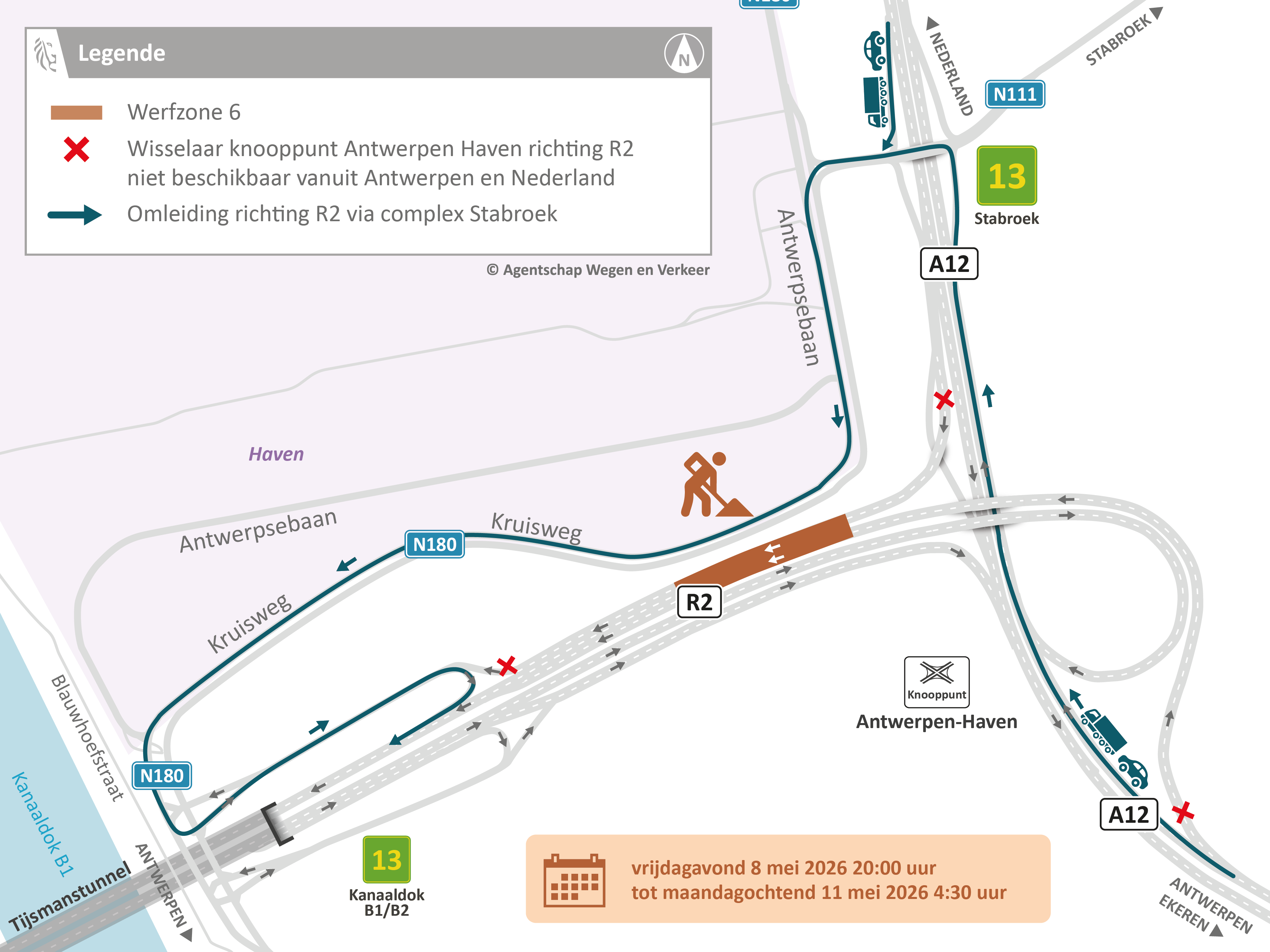 Vernieuwing wegdek R2 tussen Tijsmanstunnel en A12: omleidingsplan