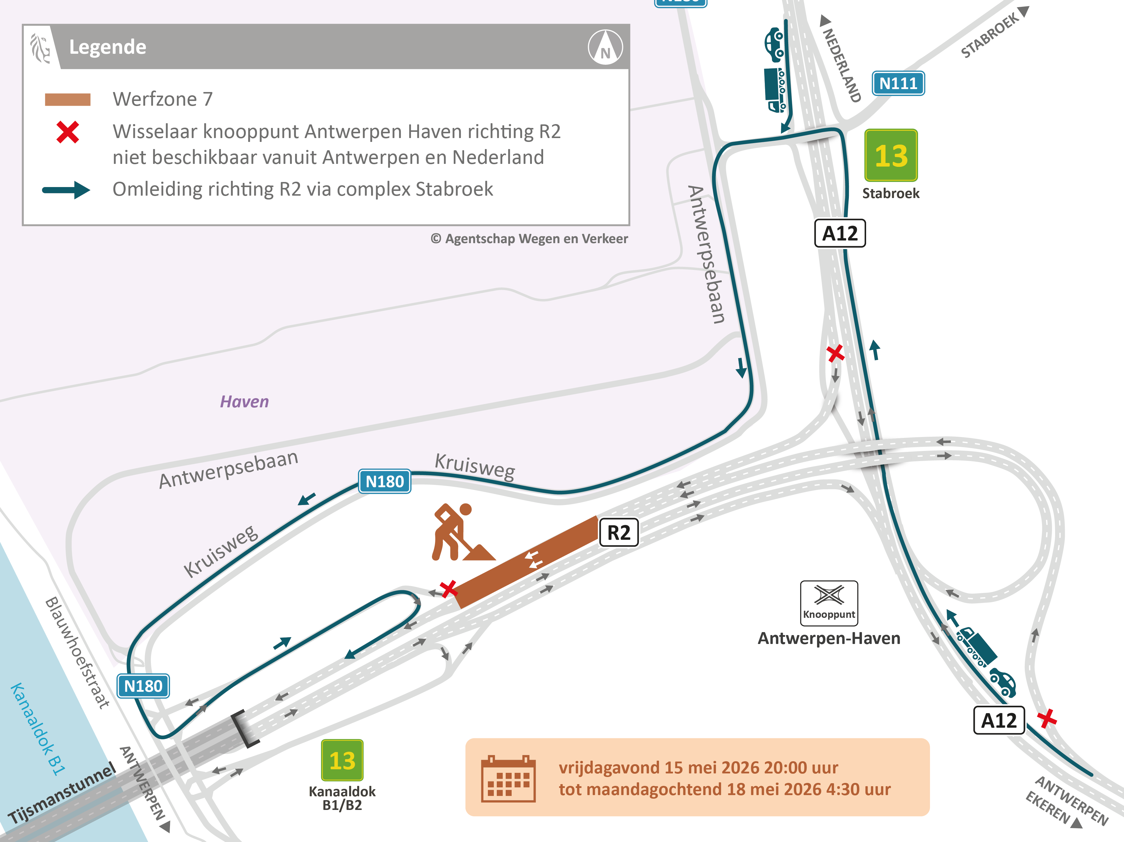 Vernieuwing wegdek R2 tussen Tijsmanstunnel en A12: omleidingsplan