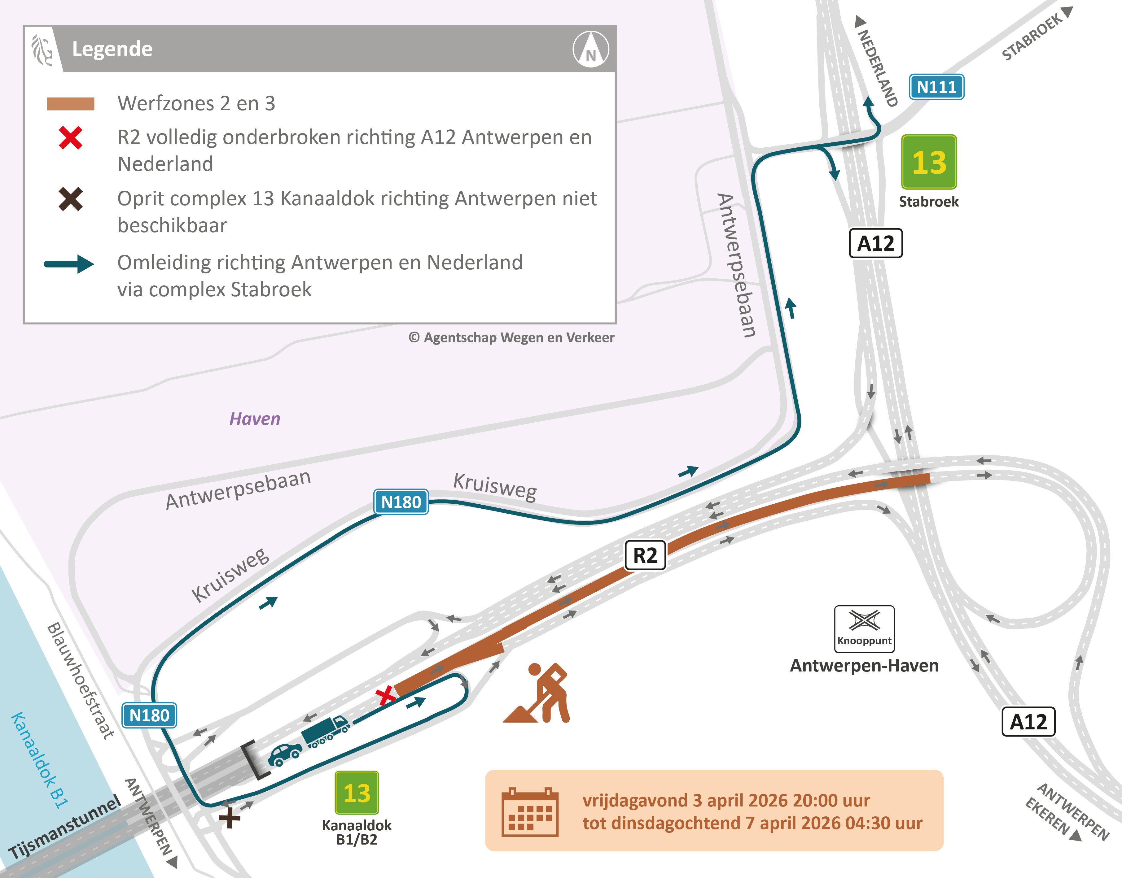 Vernieuwing wegdek R2 tussen Tijsmanstunnel en A12: omleidingsplan