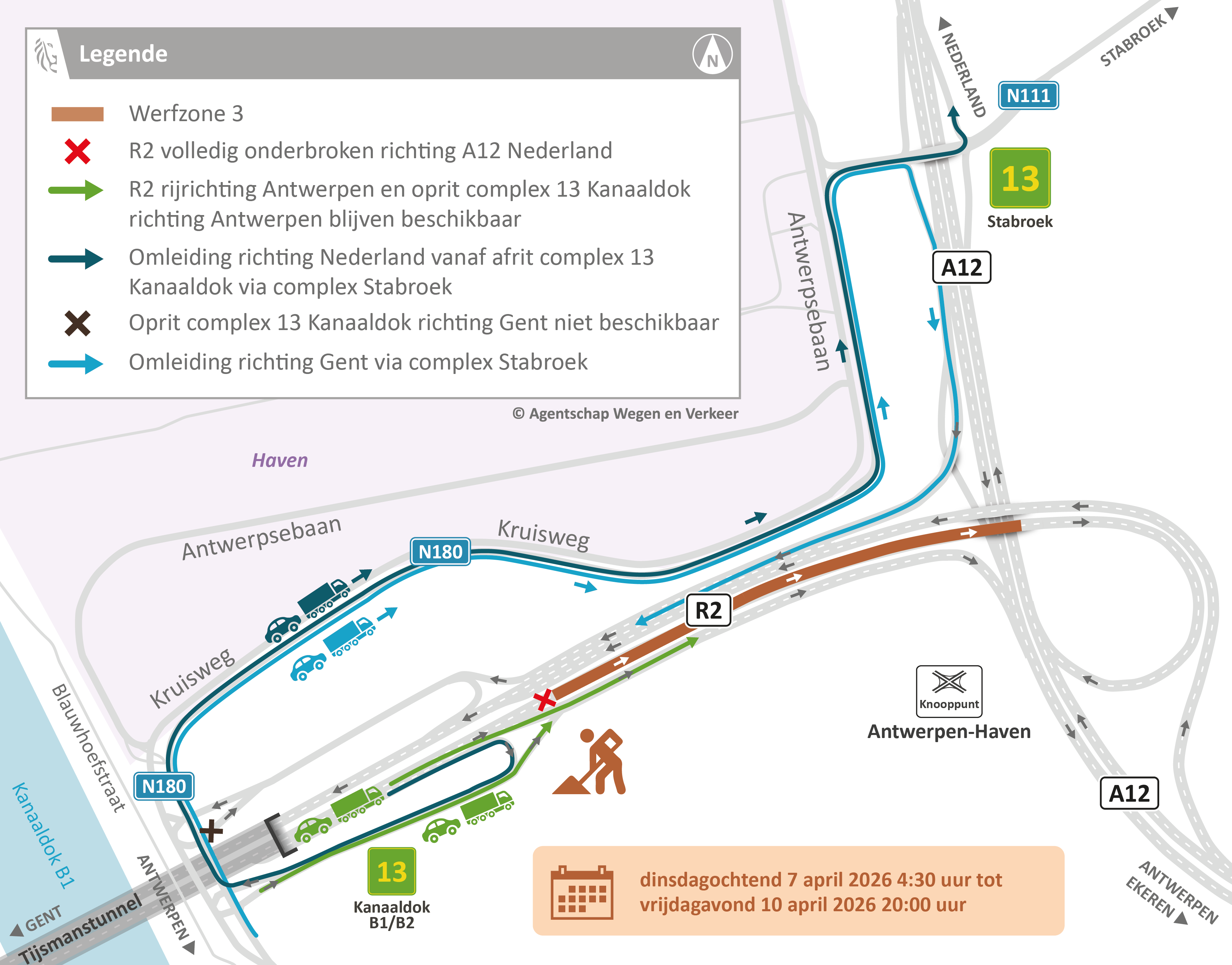 Vernieuwing wegdek R2 tussen Tijsmanstunnel en A12: omleidingsplan