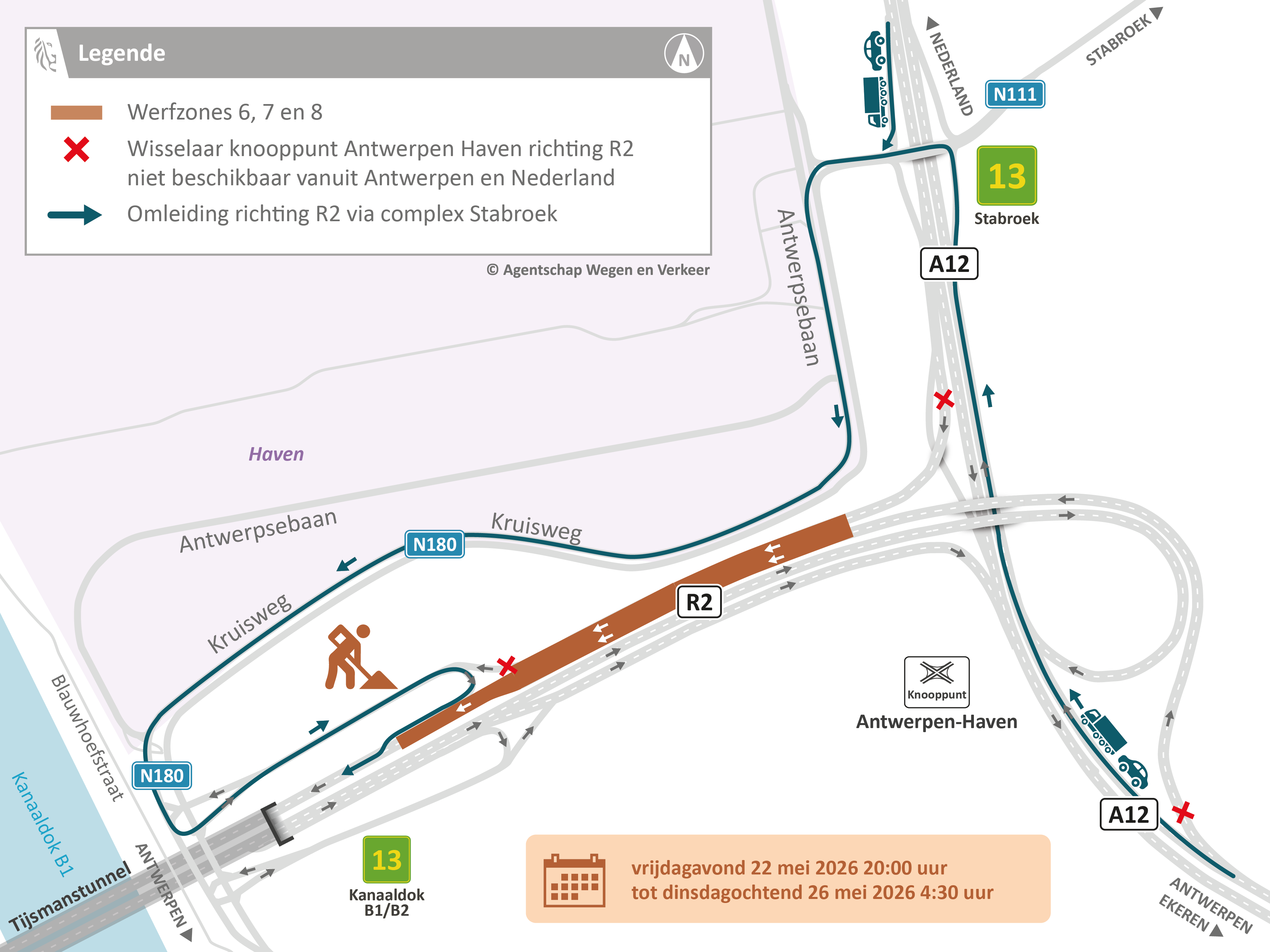 Vernieuwing wegdek R2 tussen Tijsmanstunnel en A12: omleidingsplan