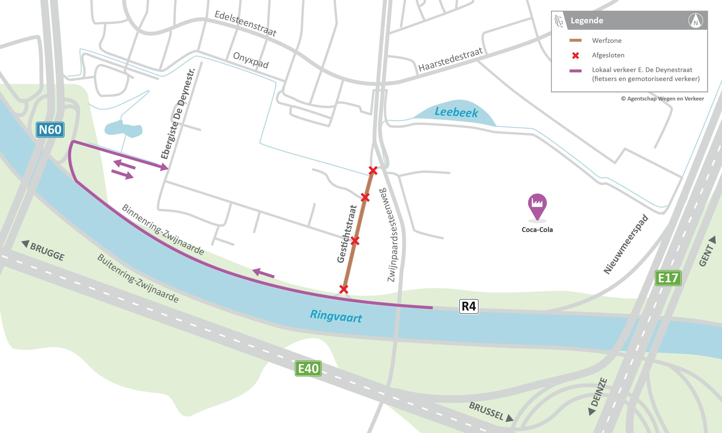 Omleiding voor lokaal verkeer van en naar de Ebergiste De Deynestraat.