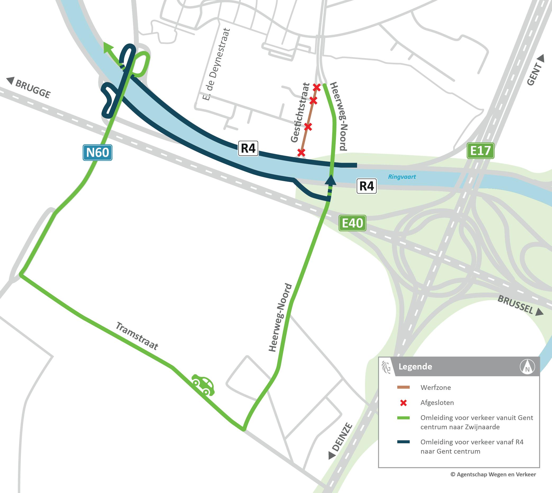Omleiding voor verkeer vanuit Gent centrum naar Zwijnaarde en voor verkeer vanaf R4 naar Gent centrum.